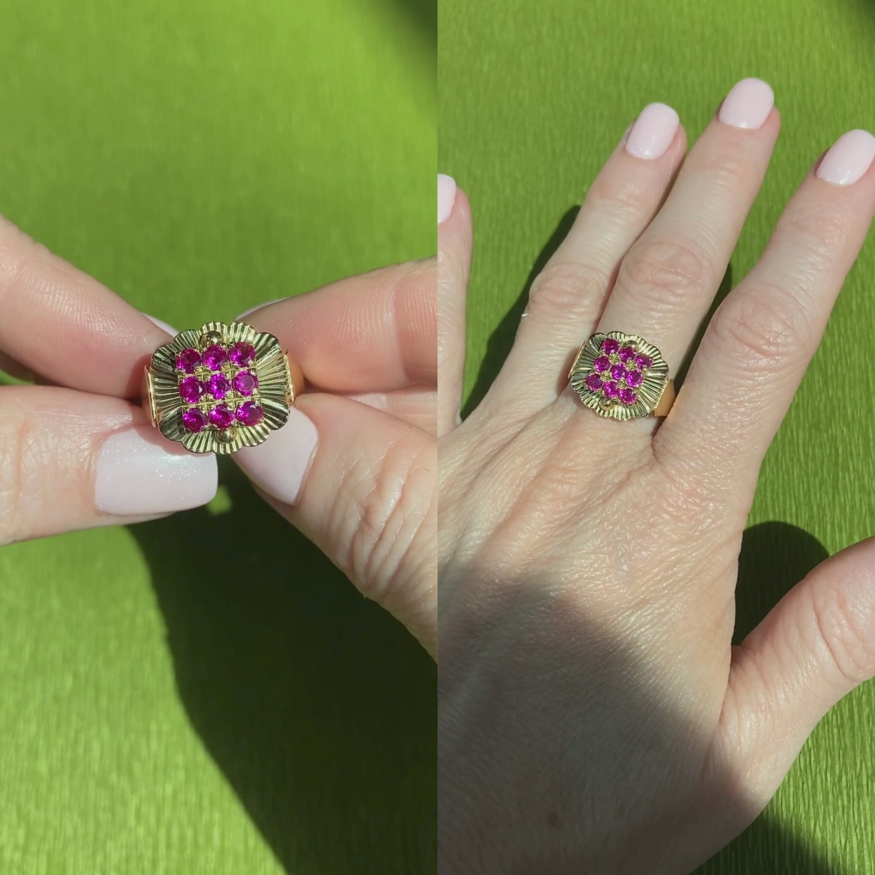 Video of a woman model showcasing and wearing the vintage gold floral cocktail ring with lab-grown rubies.