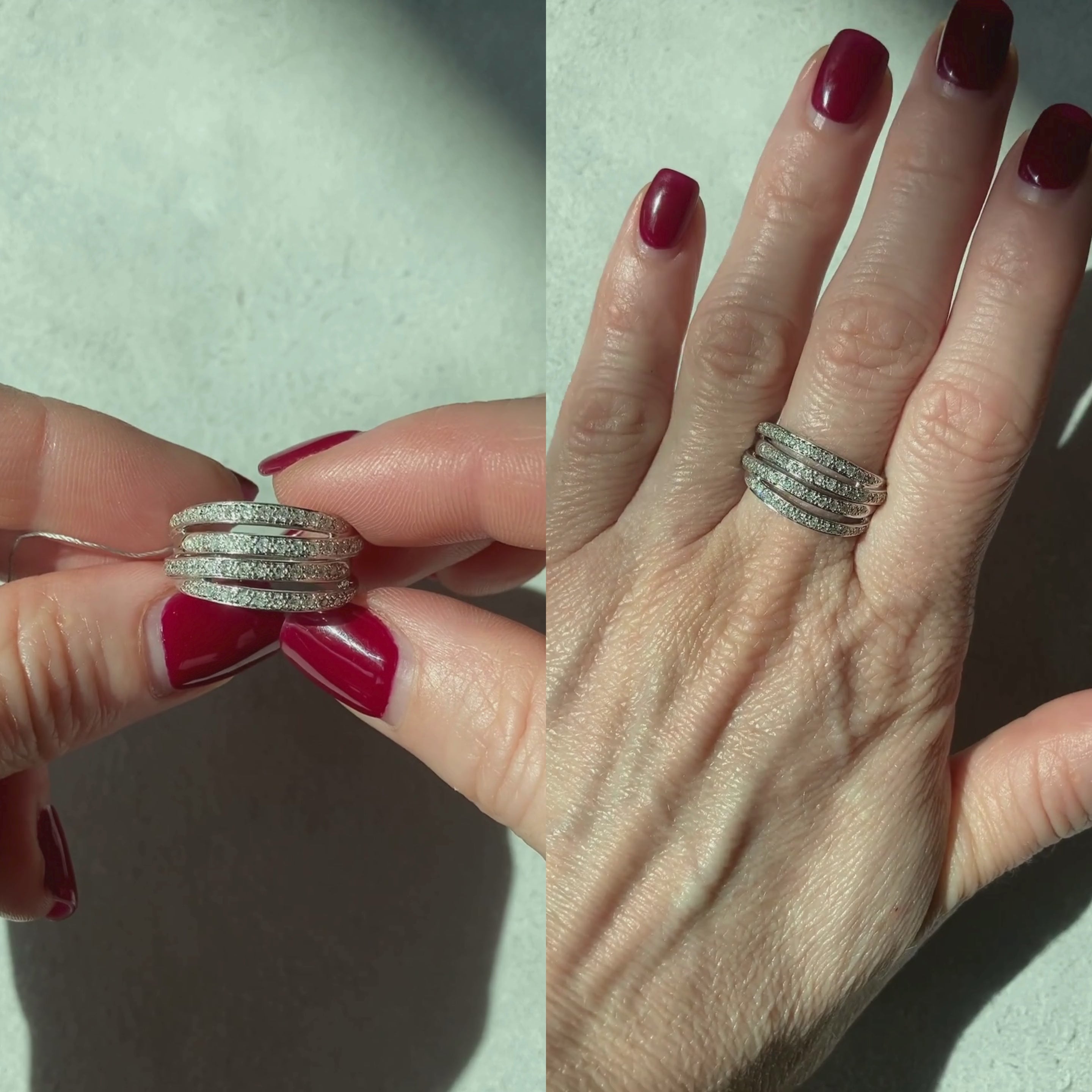 Woman showcasing and wearing the vintage white gold multi-row ring with diamonds.