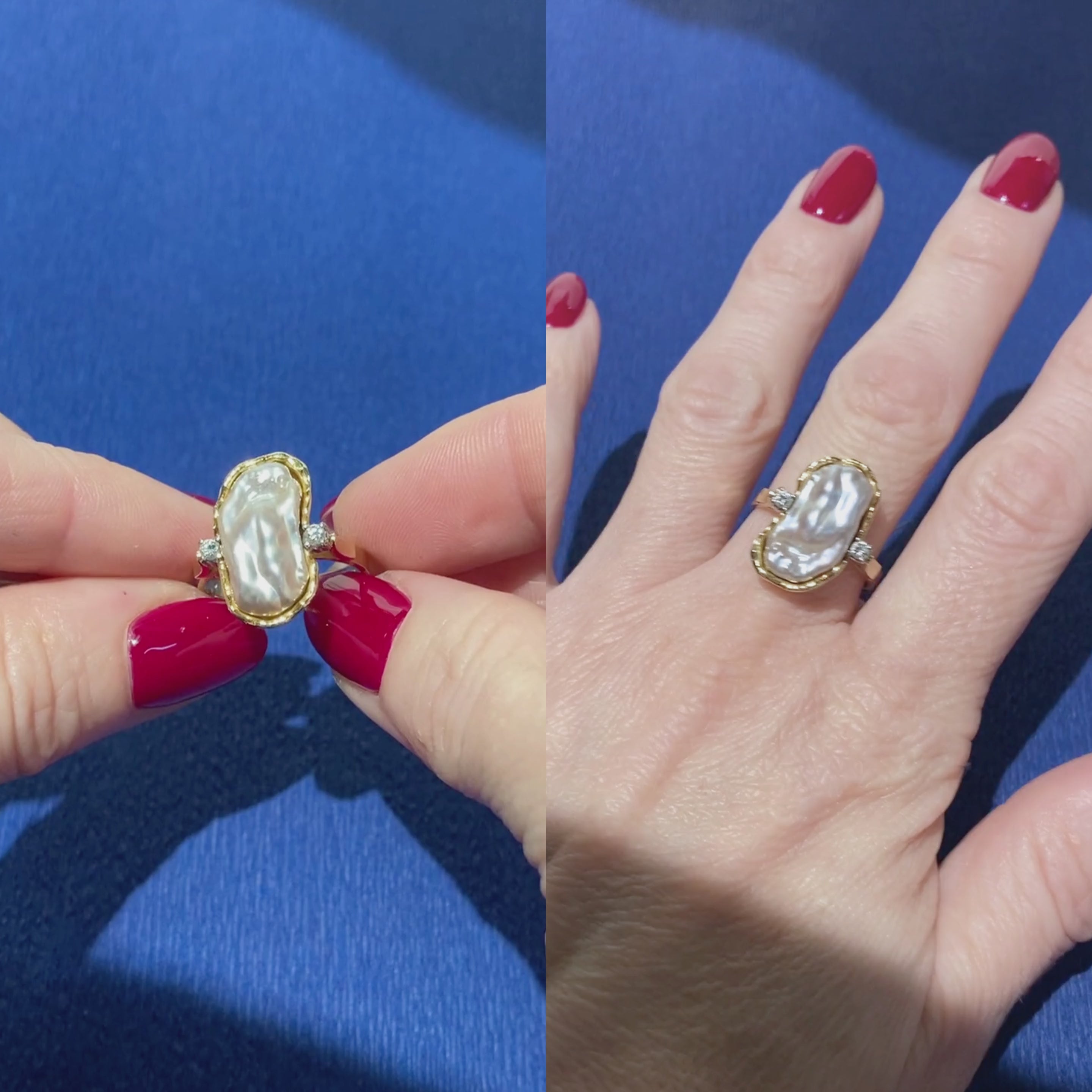Video of a woman model wearing and showcasing the vintage gold cocktail ring with a large baroque pearl and two brilliant-cut diamonds.