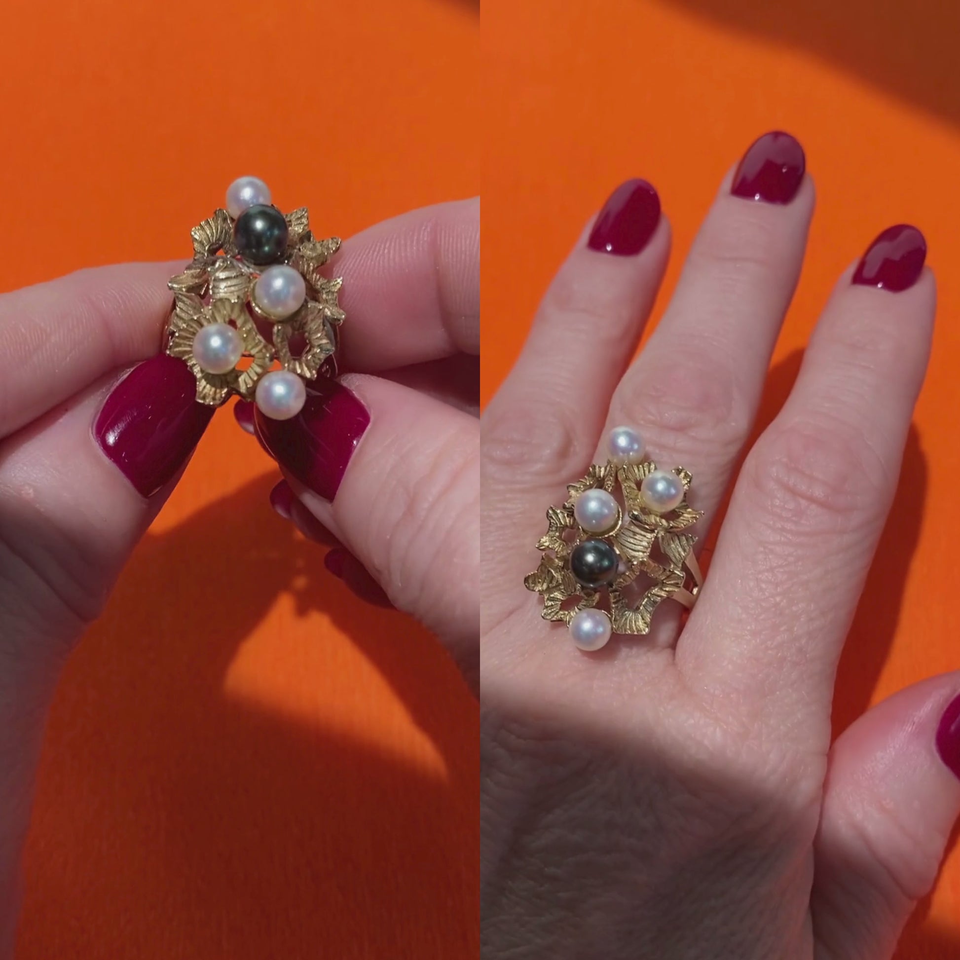 Video of a woman model wearing and showcasing the 1970s vintage gold cocktail ring with cultured pearls.