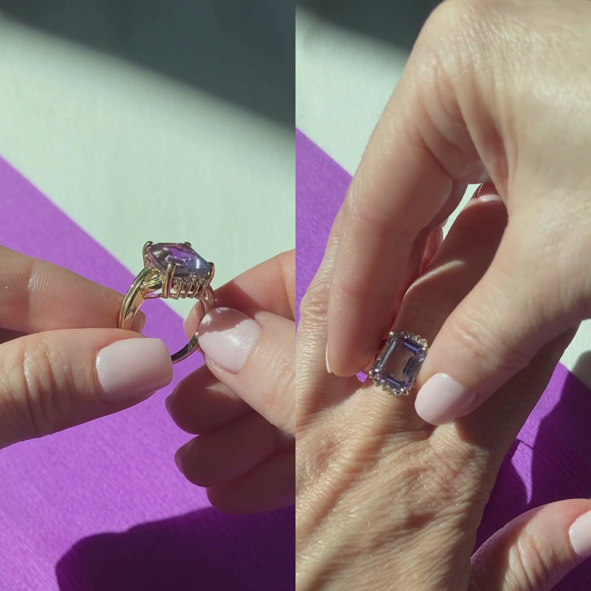 Video of a woman model showcasing and wearing the vintage gold cocktail ring with amethyst and topaz accents.