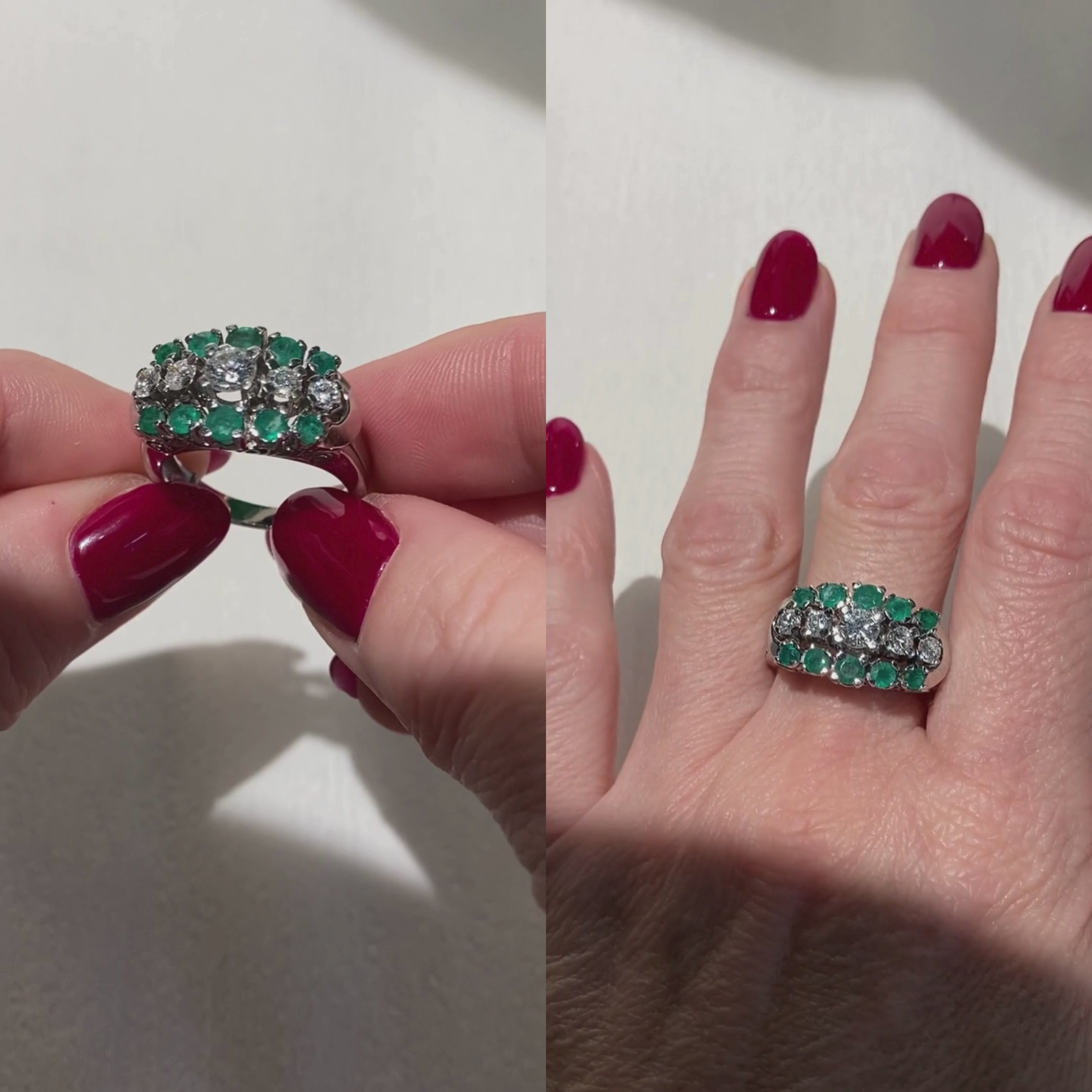 Video of a woman model wearing and showcasing the contemporary vintage white gold emerald and diamond cocktail ring.
