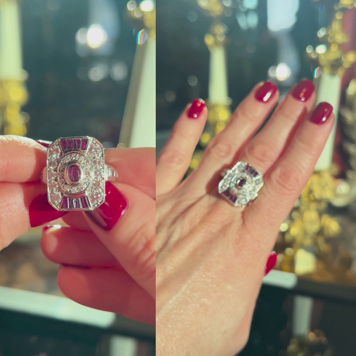 Model hands showcasing the Art Deco white gold ruby and diamond cocktail ring.