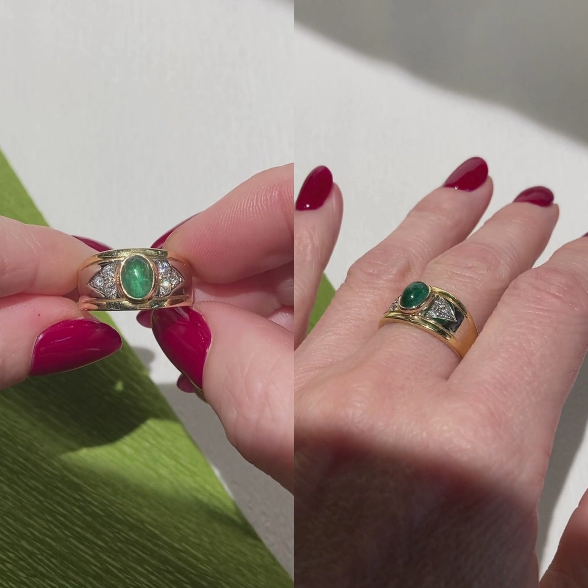 Video of a woman model wearing and showcasing the vintage gold cocktail ring with emerald cabochon and diamonds.