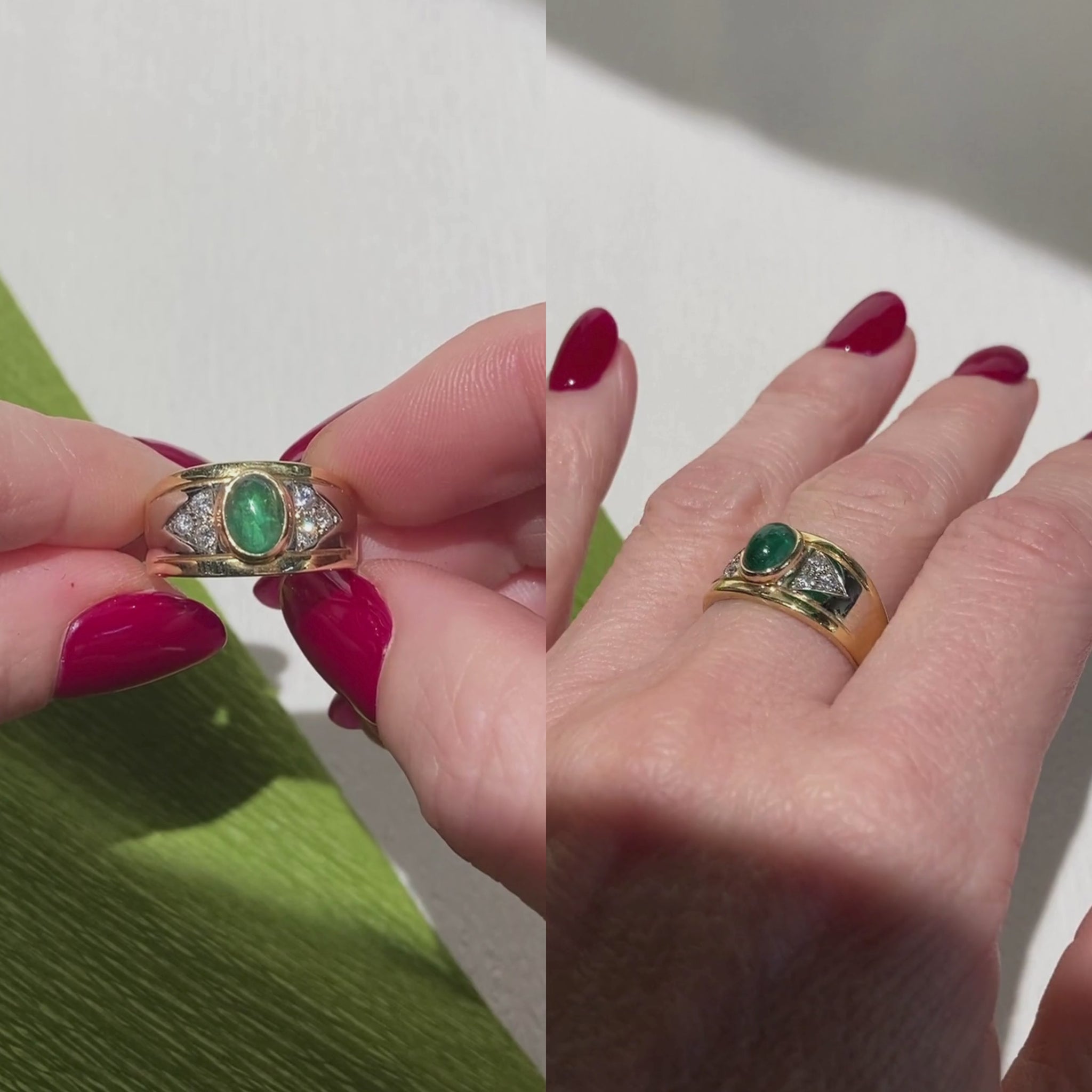 Video of a woman model wearing and showcasing the vintage gold cocktail ring with emerald cabochon and diamonds.