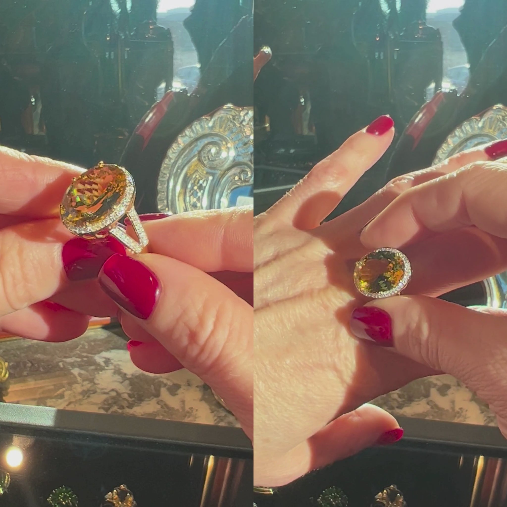 Woman showcasing and wearing the contemporary vintage gold cocktail ring with faceted heliodor and diamond halo.