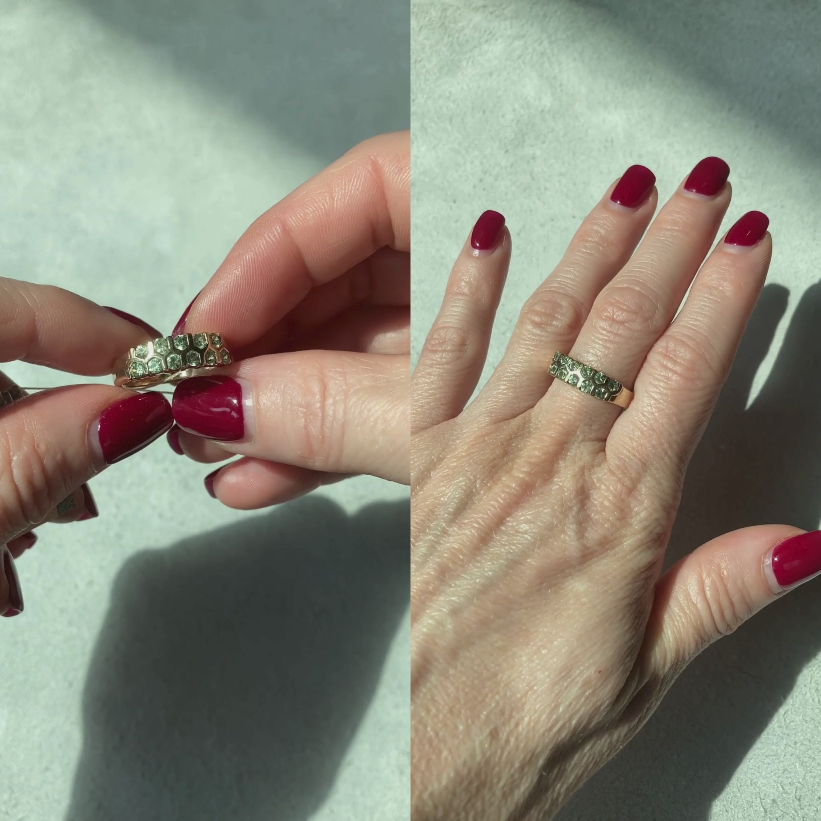 Woman showcasing and wearing the brutalist vintage gold cocktail ring with peridots.