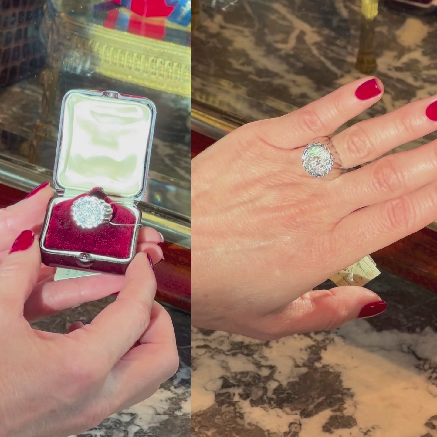 Model hands showcasing the mid century white gold diamond cocktail ring.