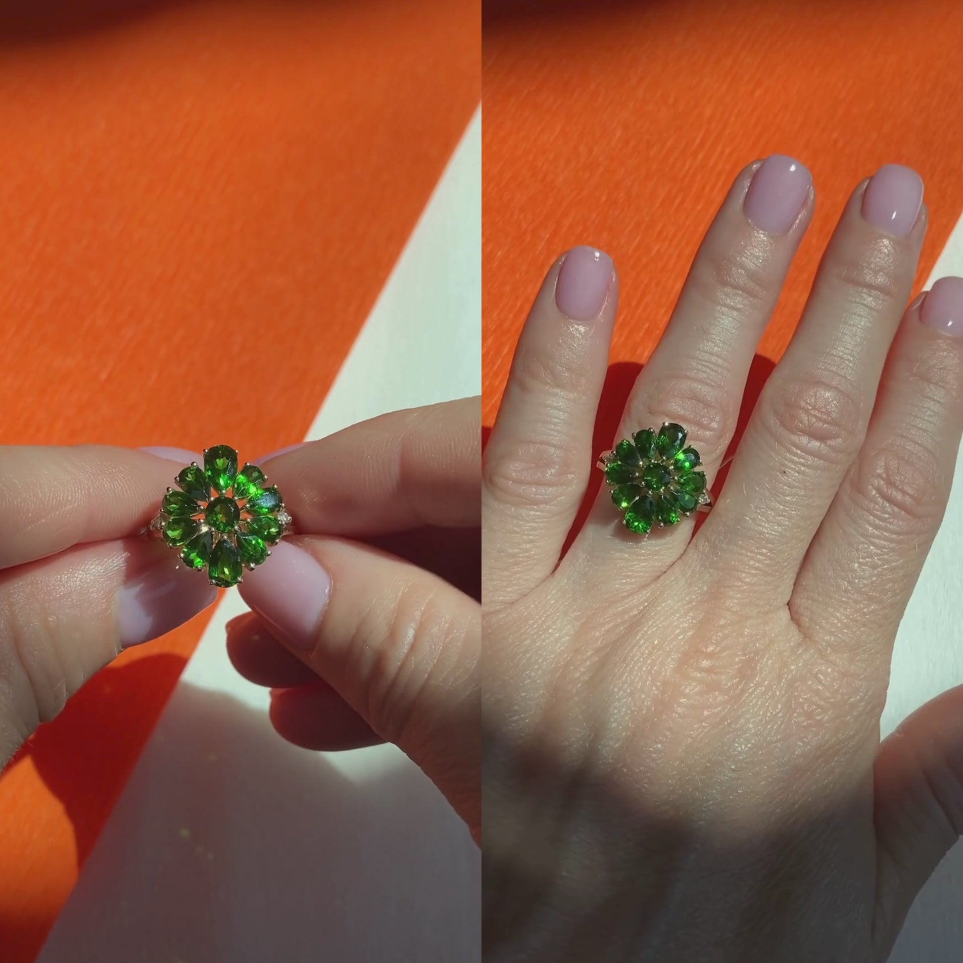Video of woman model showcasing and wearing the contemporary vintage Harry Ivens gold cocktail ring with chromdiopsides.