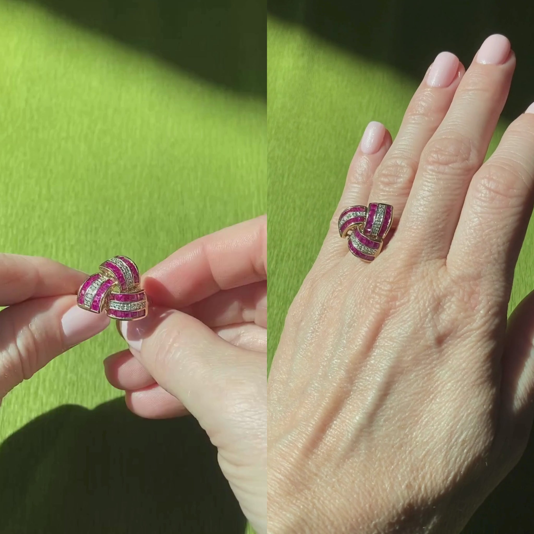 Video of a woman model showcasing and wearing the 1940s tank style cocktail ring with rubies and diamonds.