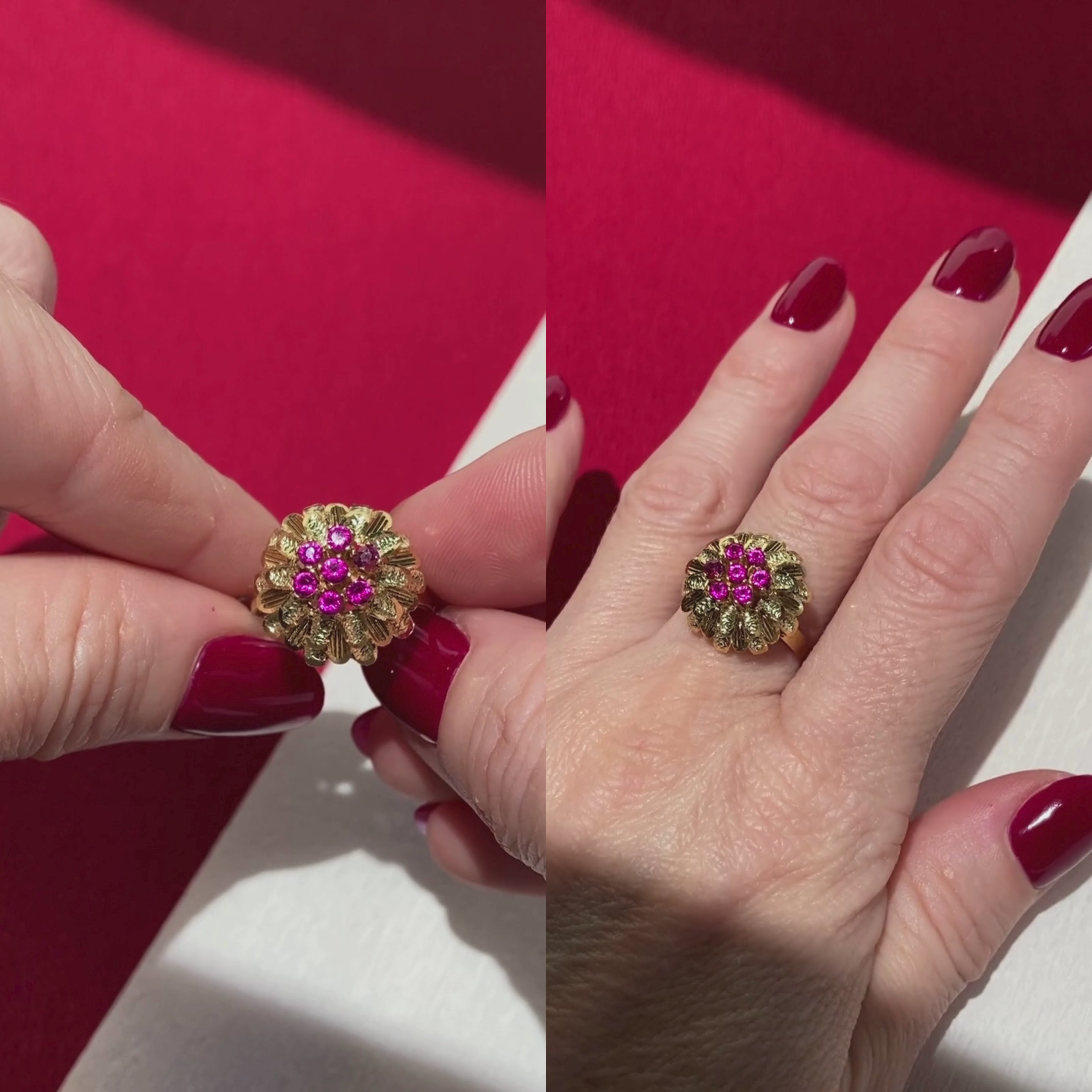 Video of a woman model wearing and showcasing the vintage gold cocktail ring with rubies and synthetic corundum.
