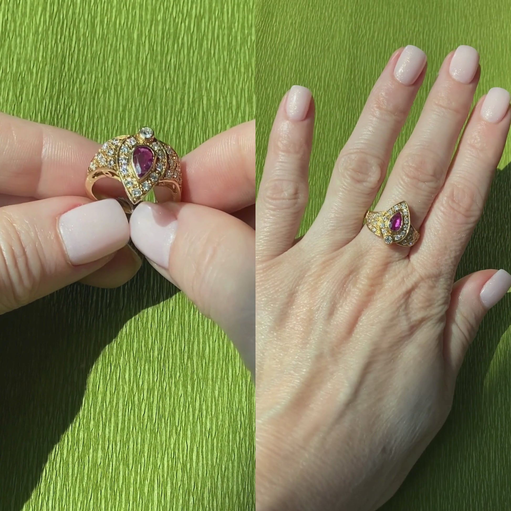 Video of a woman model showcasing and wearing the vintage gold ruby and diamond halo cocktail ring.