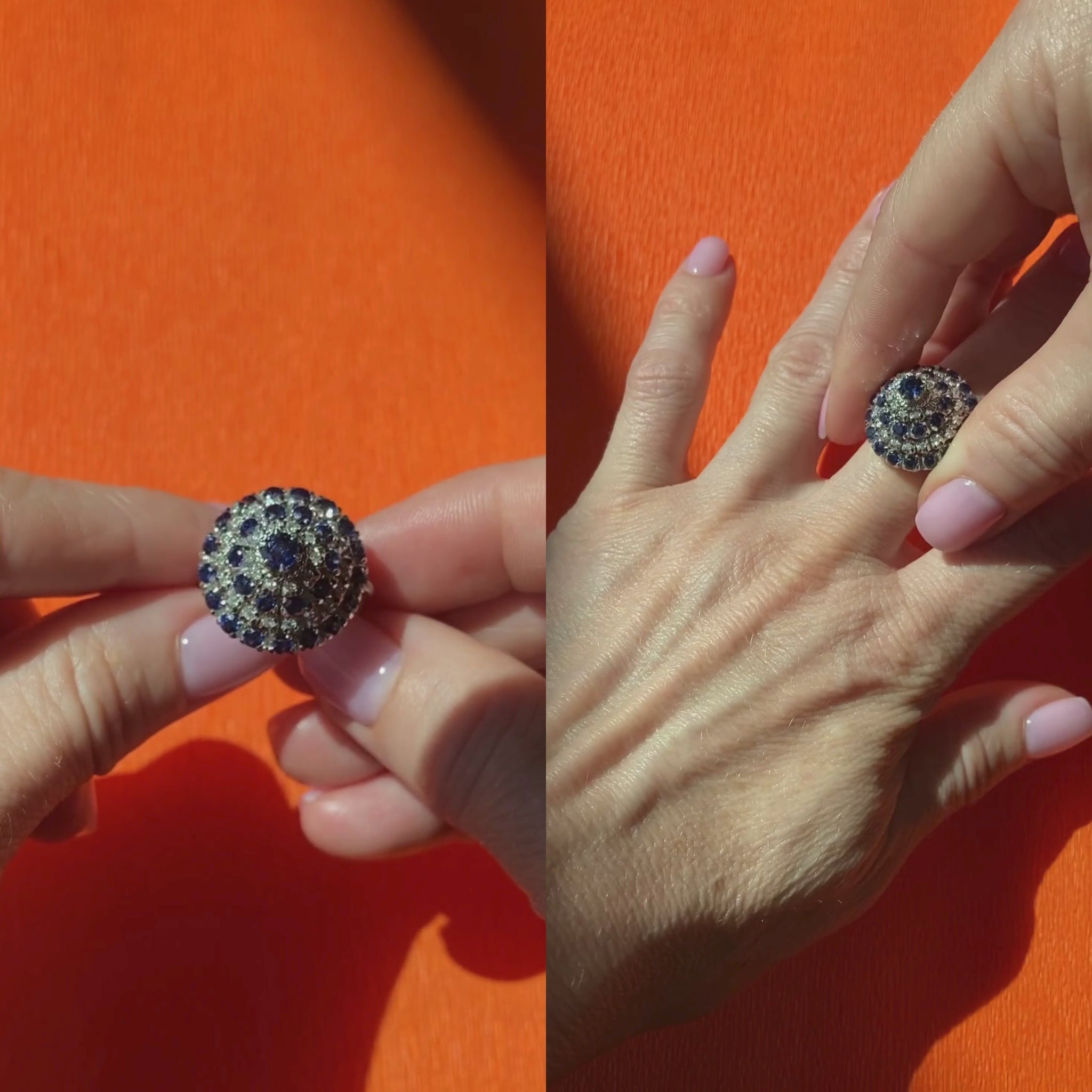 Video of woman model showcasing and wearing the vintage white gold cocktail ring with sapphires and diamonds.