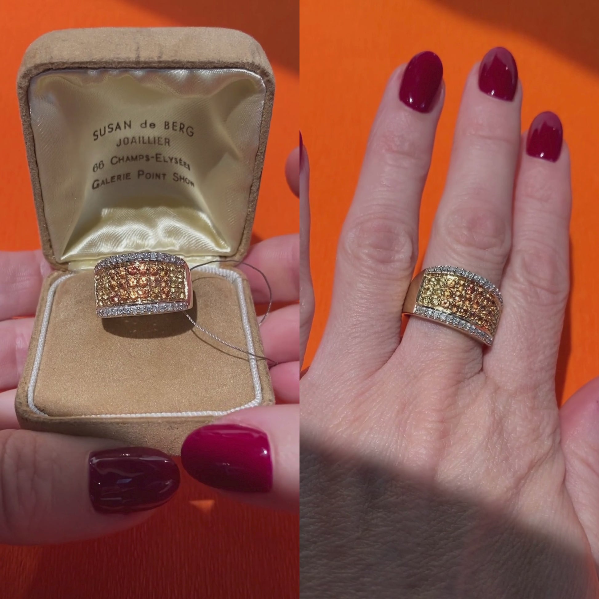 Woman wearing and showcasing the contemporary vintage gold cocktail ring with ombré yellow sapphires and diamonds.