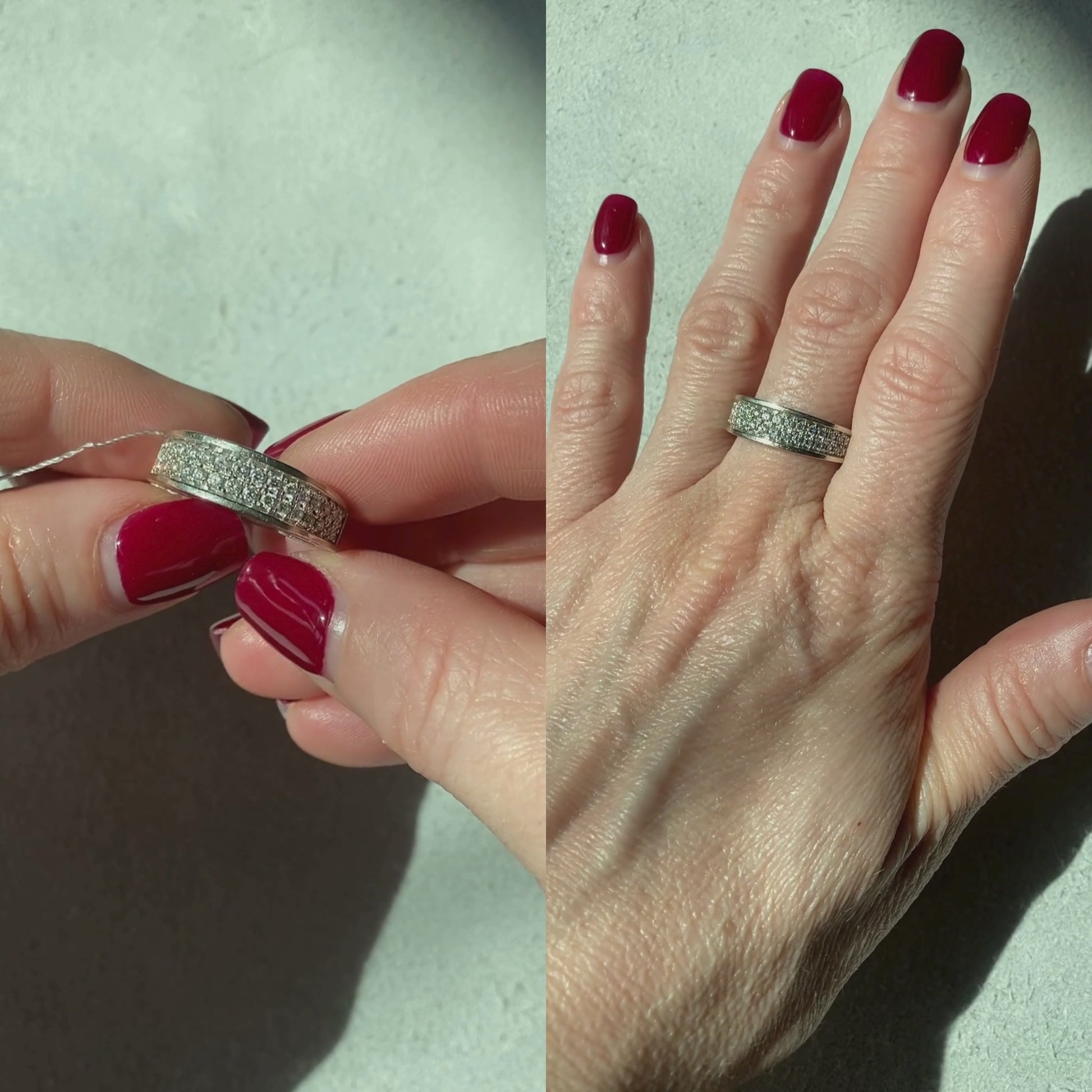 Woman showcasing and wearing the vintage white gold two row eternity ring with pave-set diamonds.