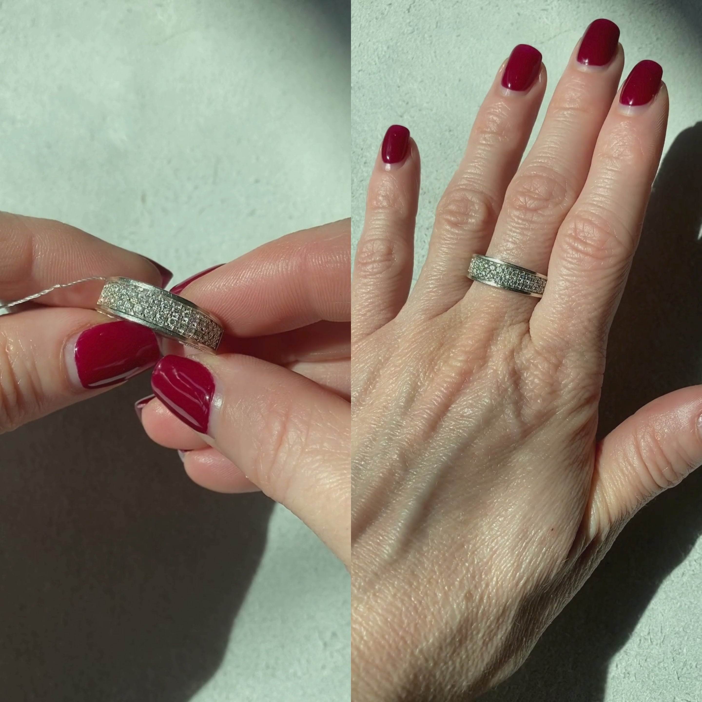 Woman showcasing and wearing the vintage white gold two row eternity ring with pave-set diamonds.