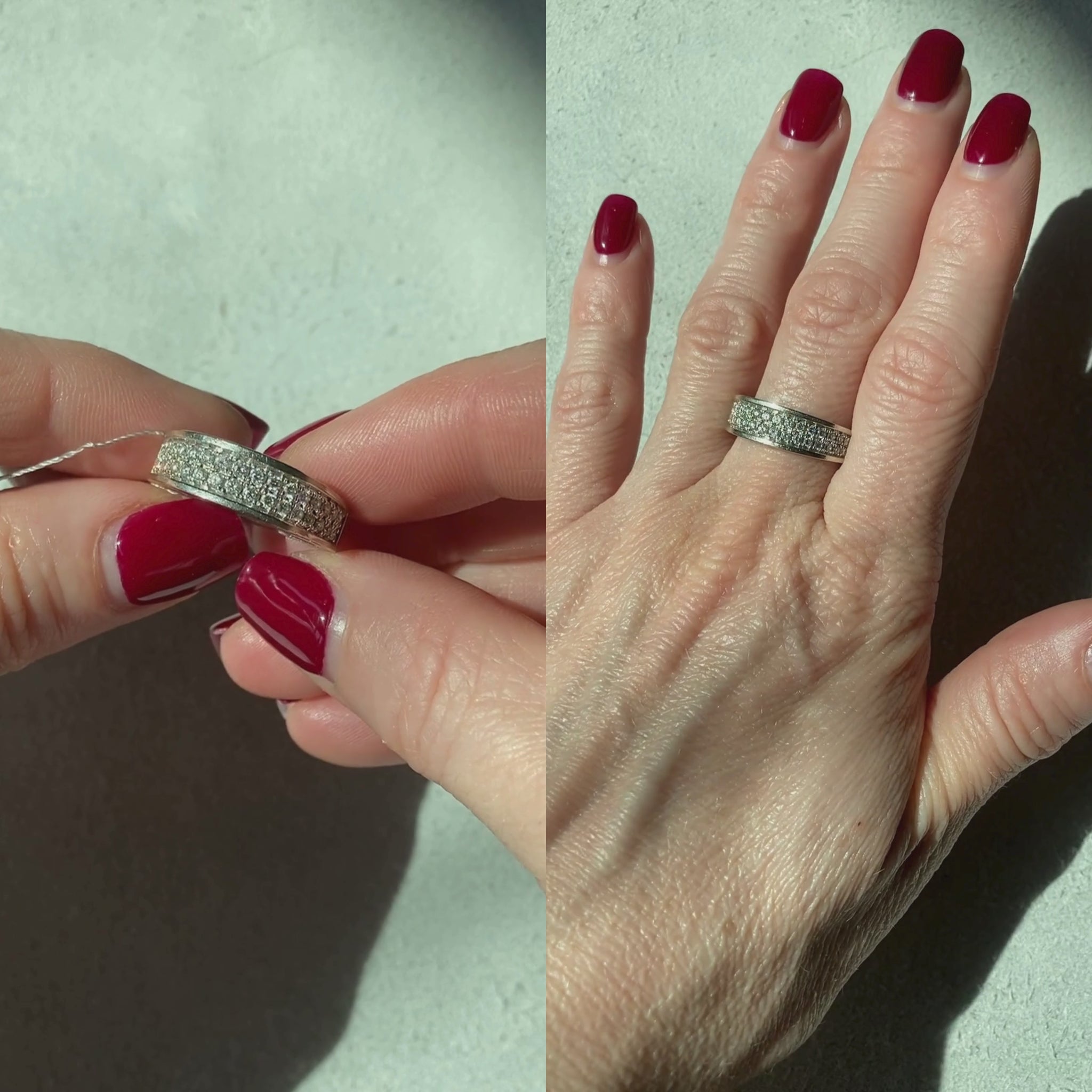Woman showcasing and wearing the vintage white gold two row eternity ring with pave-set diamonds.