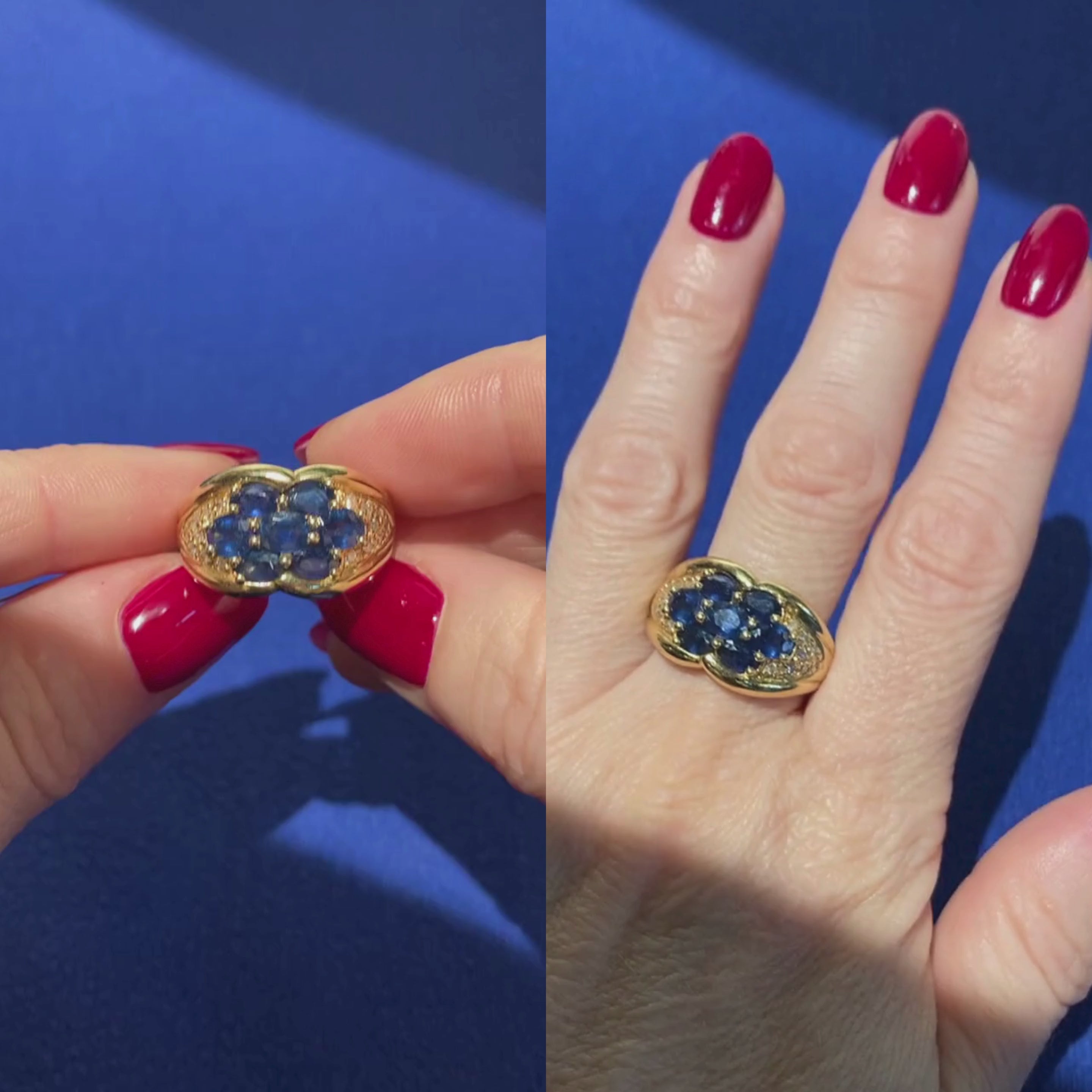 Video of a model woman wearing and showcasing the contemporary vintage gold sapphire cluster statement cocktail ring.