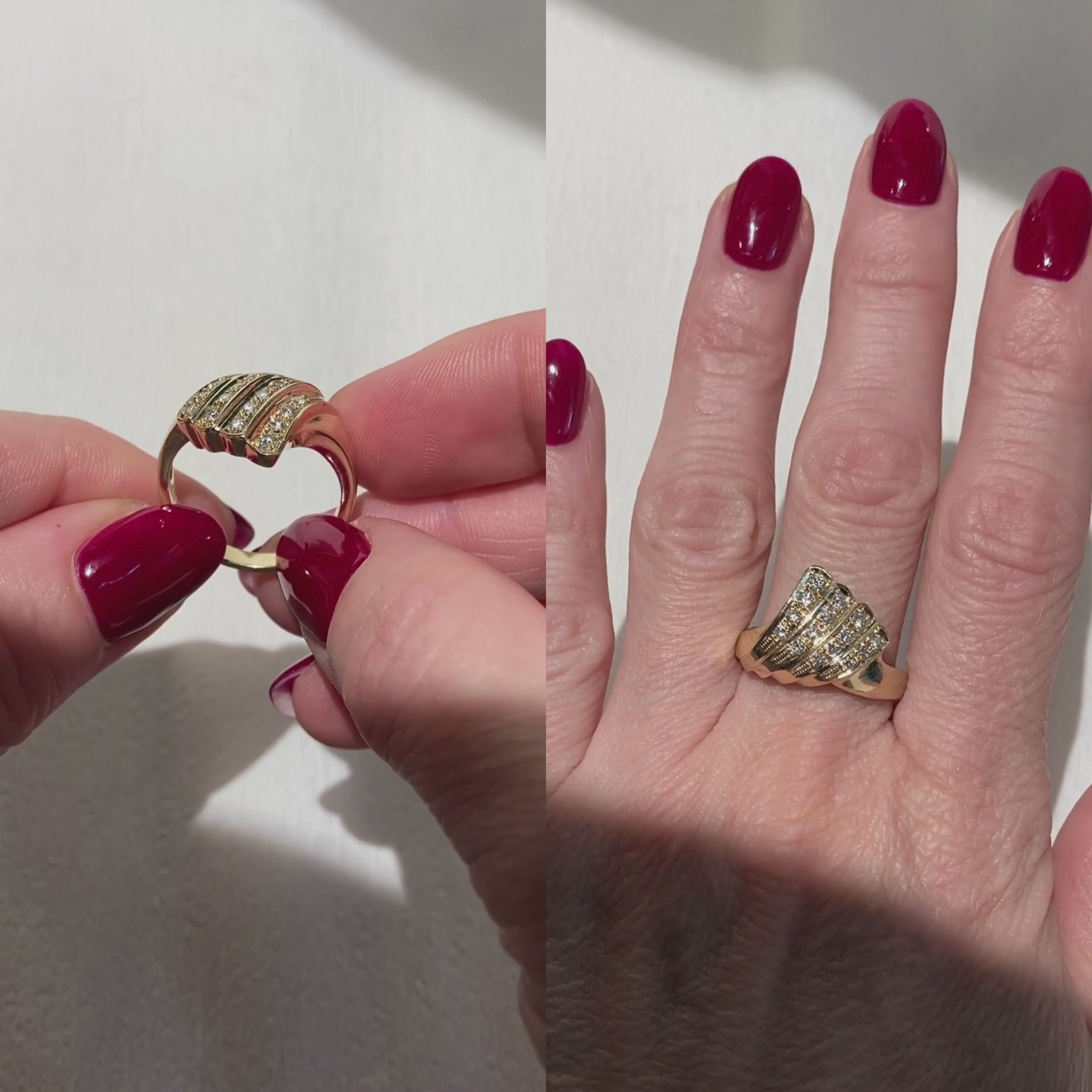 Woman wearing and showcasing the contemporary vintage yellow gold tiered diamond cocktail ring.