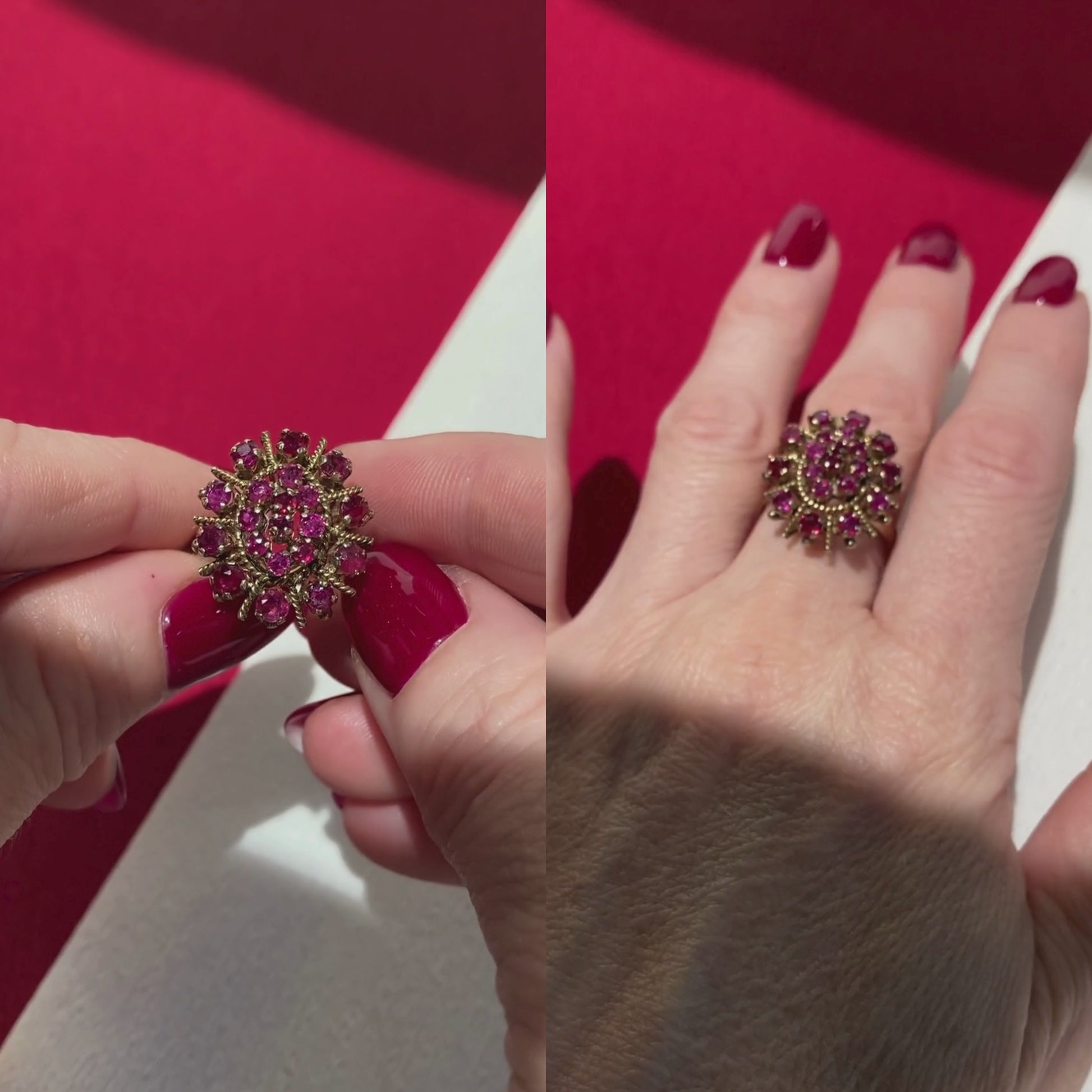 Video of a woman model wearing and showcasing the vintage gold ruby cluster crown cocktail ring.