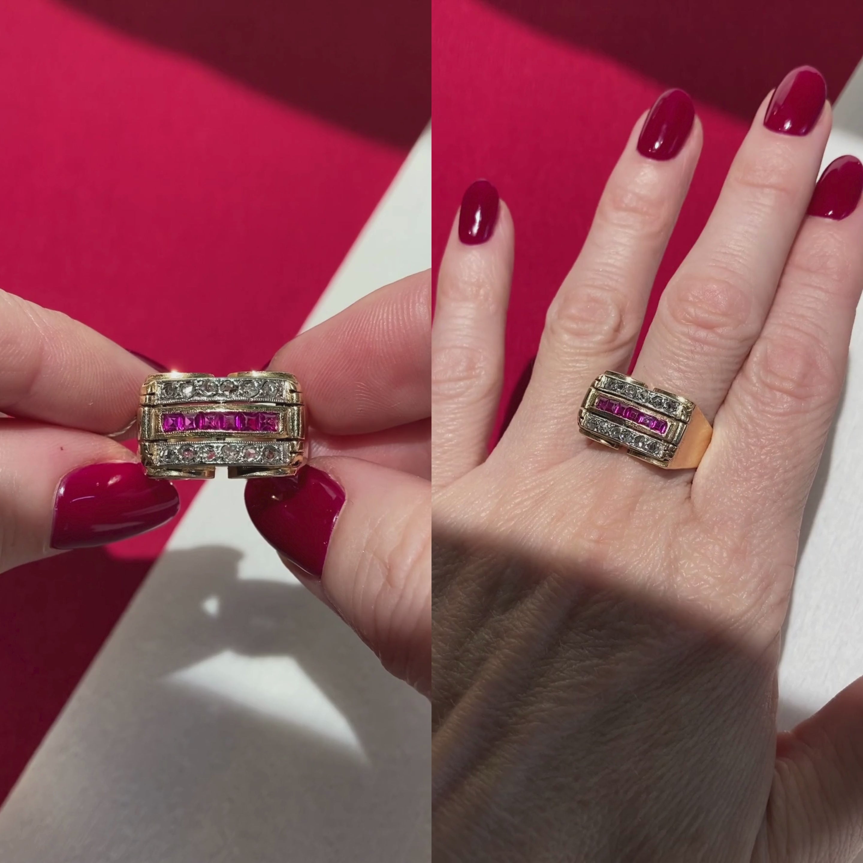 Video of a woman model wearing and showcasing the contemporary art deco revival gold cocktail ring with rubies and diamonds.