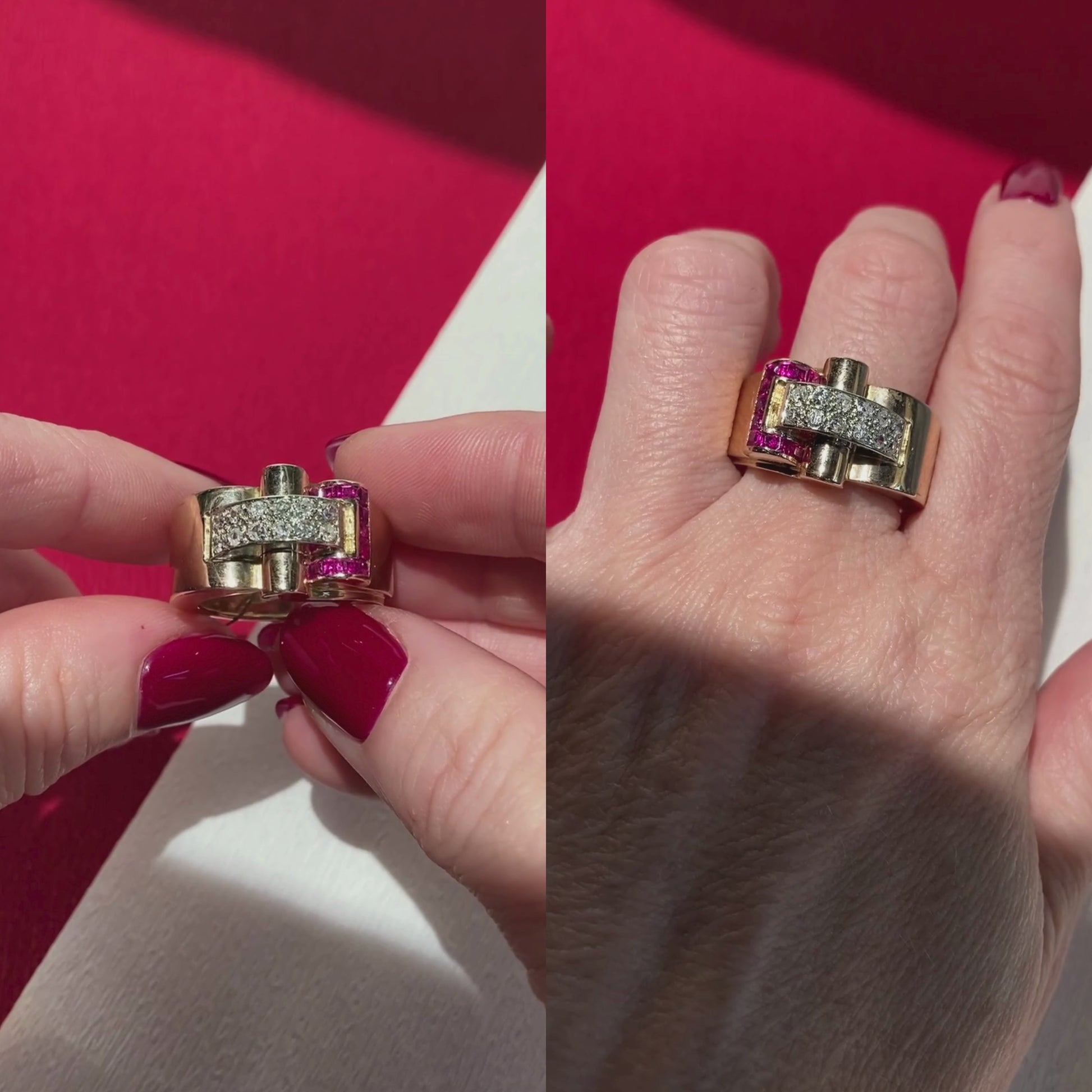 Video of woman model showcasing and wearing the retro tank gold cocktail ring with diamonds and rubies.