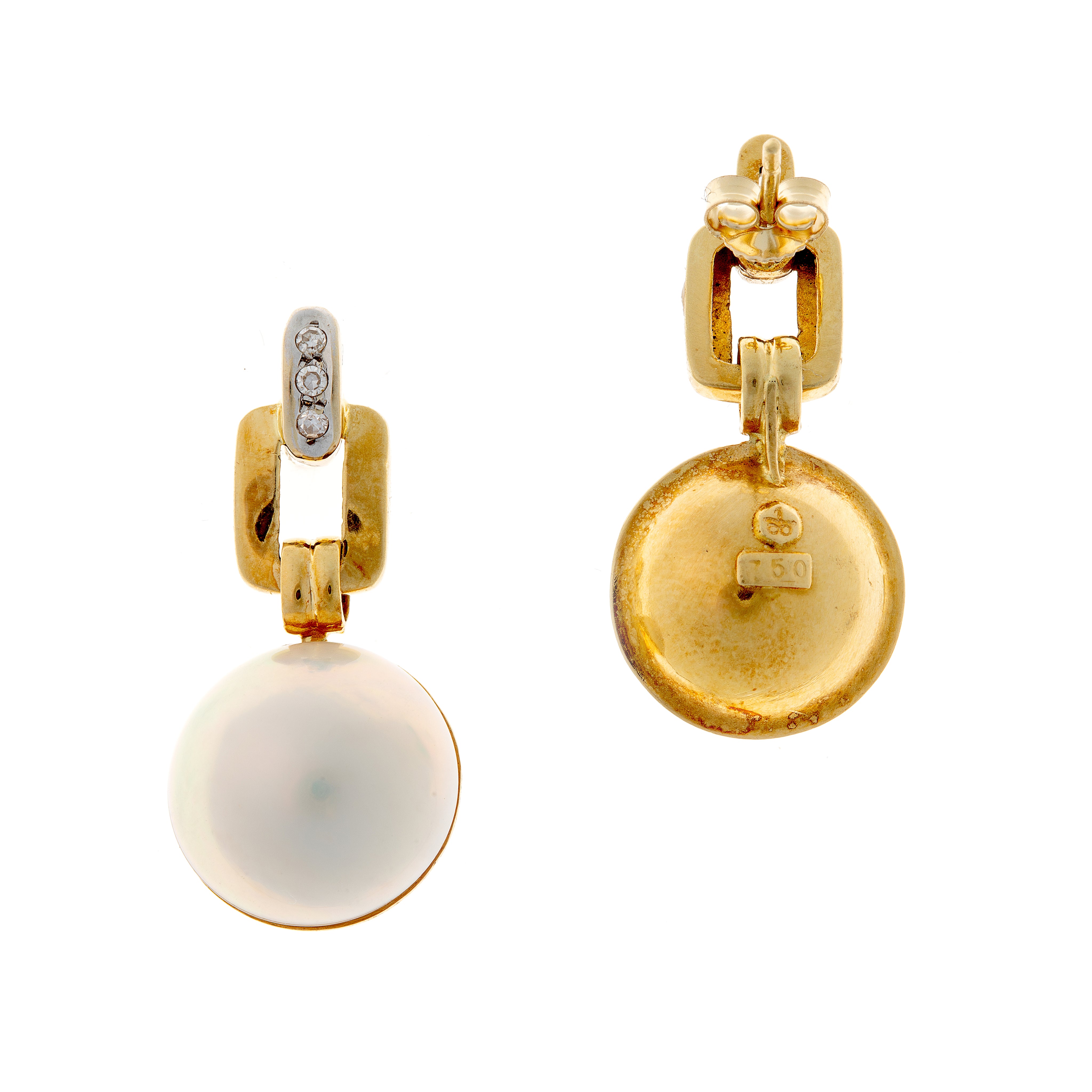 Back view of retro 14K gold drop earrings showcasing pearl setting and hallmark.