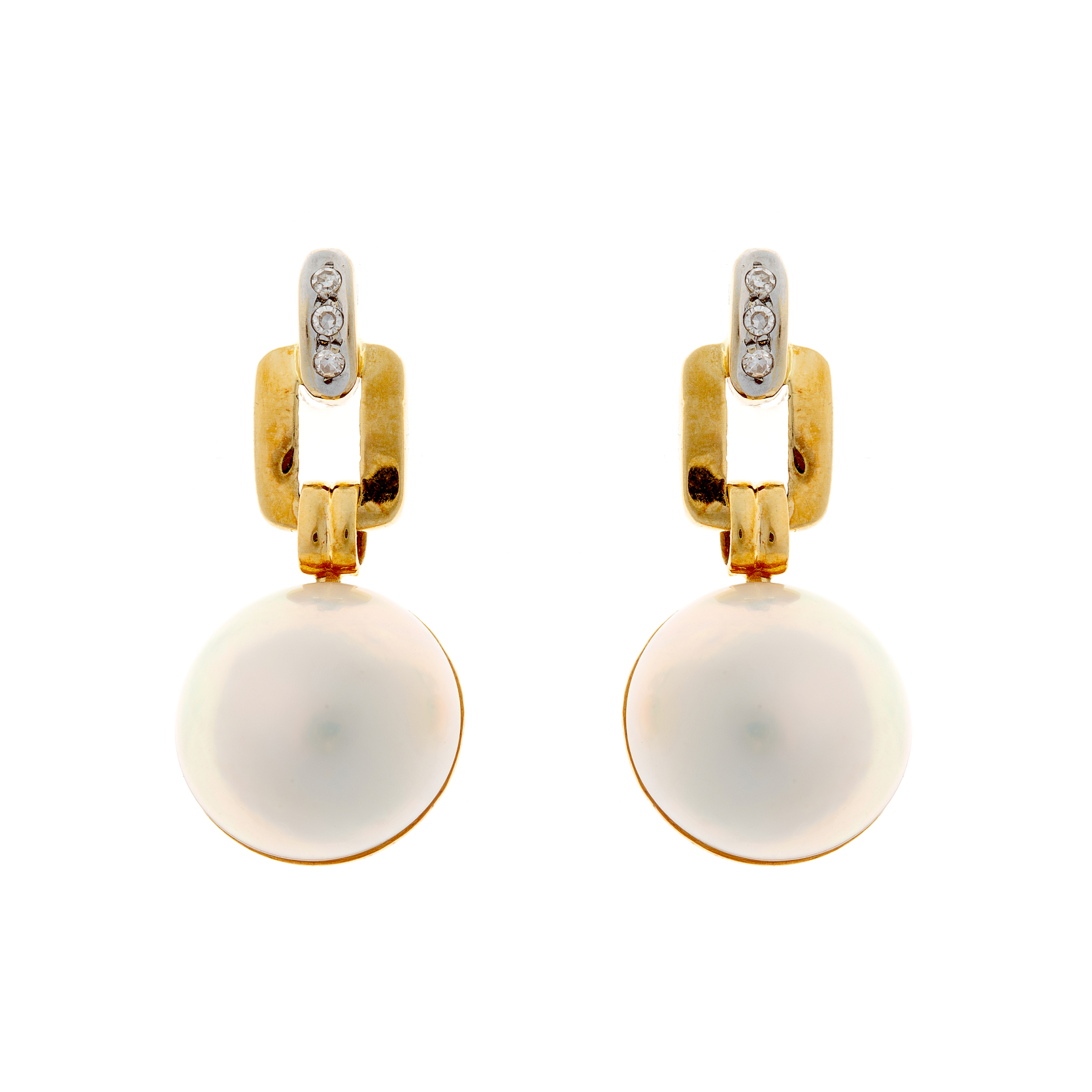 Front view of retro 14K gold drop earrings with cultivated pearls and diamonds.