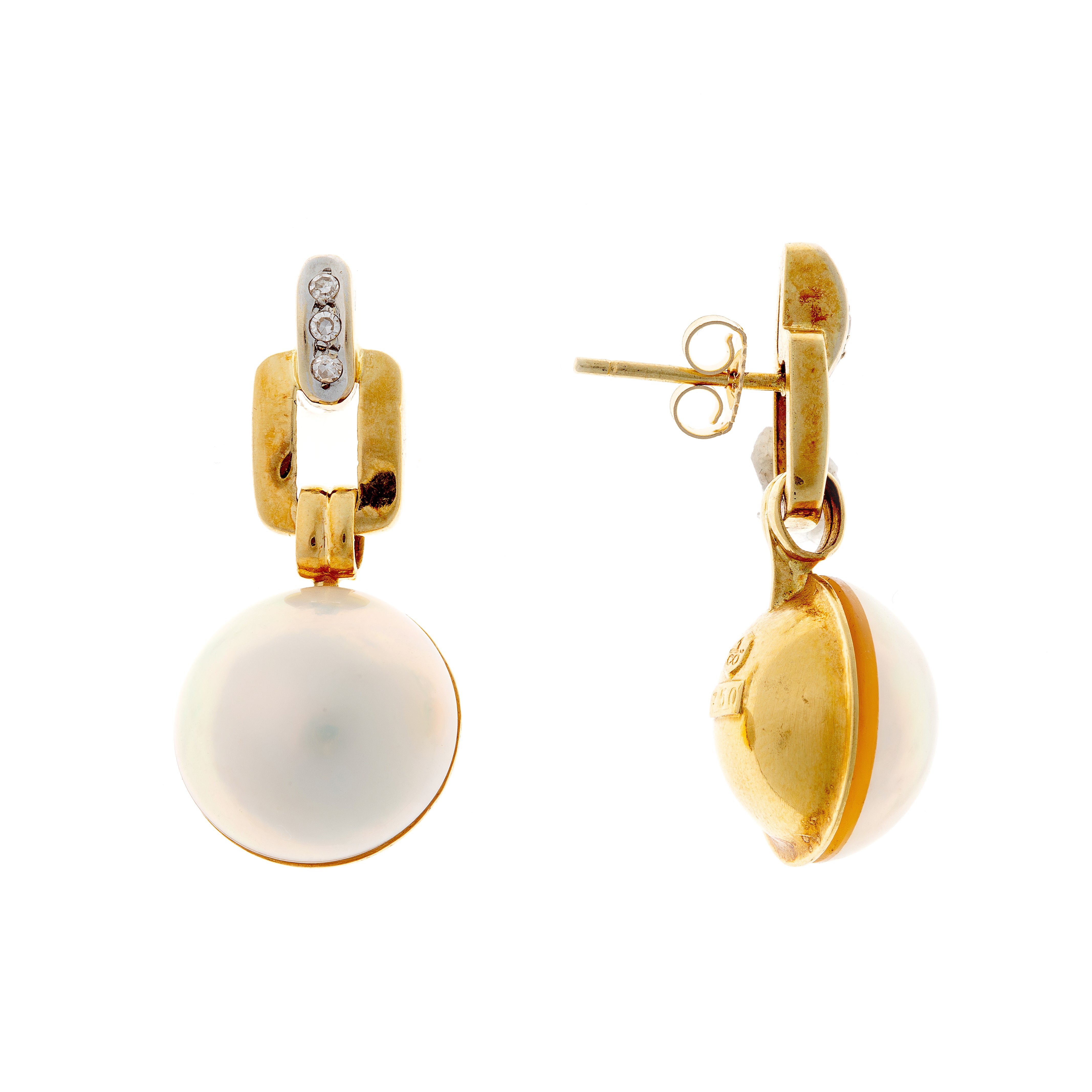 Side view of retro 14K gold drop earrings with diamond-accented links and pearls.