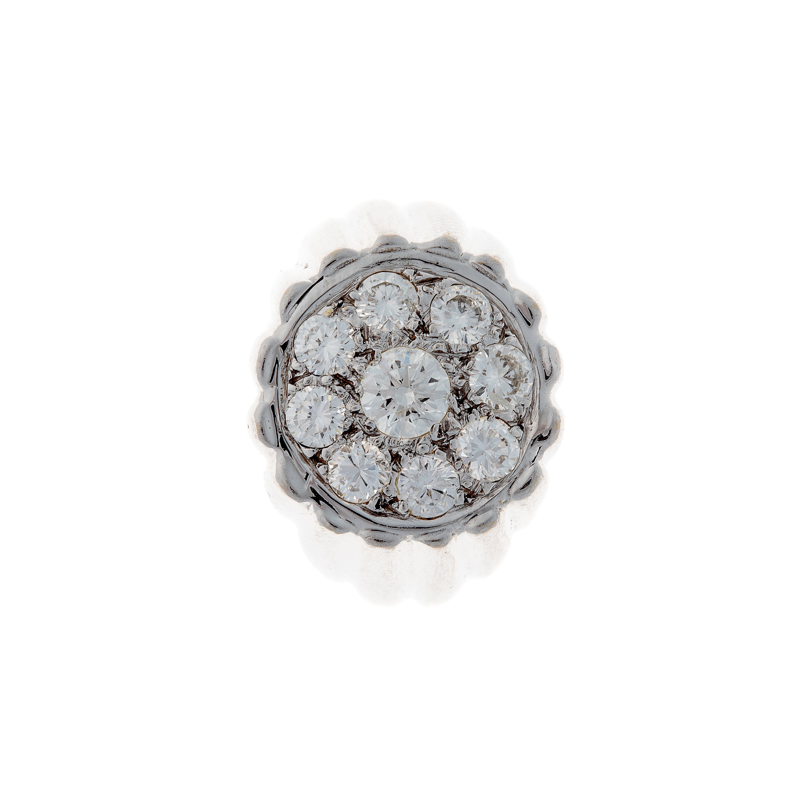 Top view of a Retro-era white gold diamond ring, showcasing its bold structure and central cluster of nine brilliant-cut diamonds.