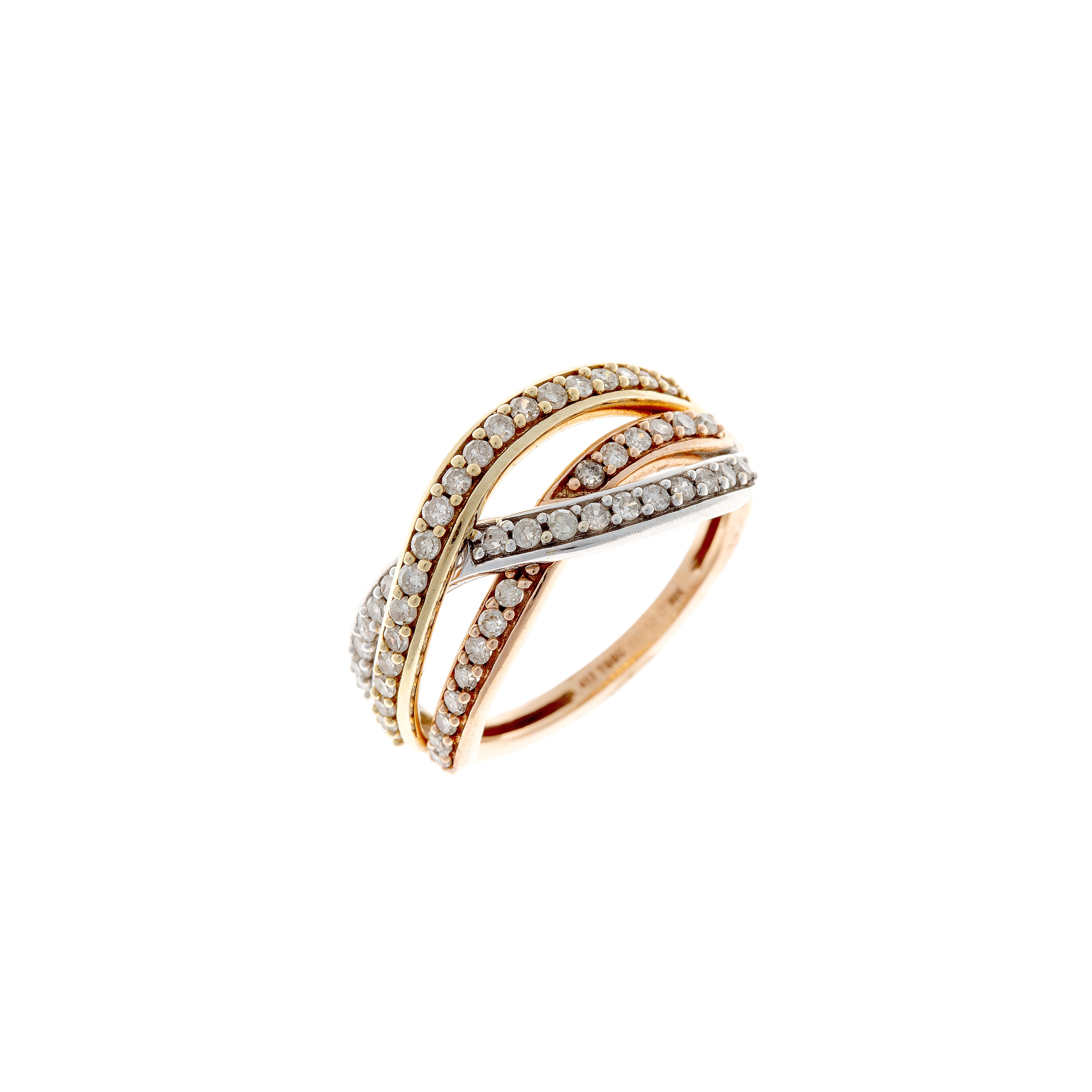 Retro 9K tri-gold diamond ring featuring an interwoven ribbon design with pavé-set diamonds, photographed at an angle.