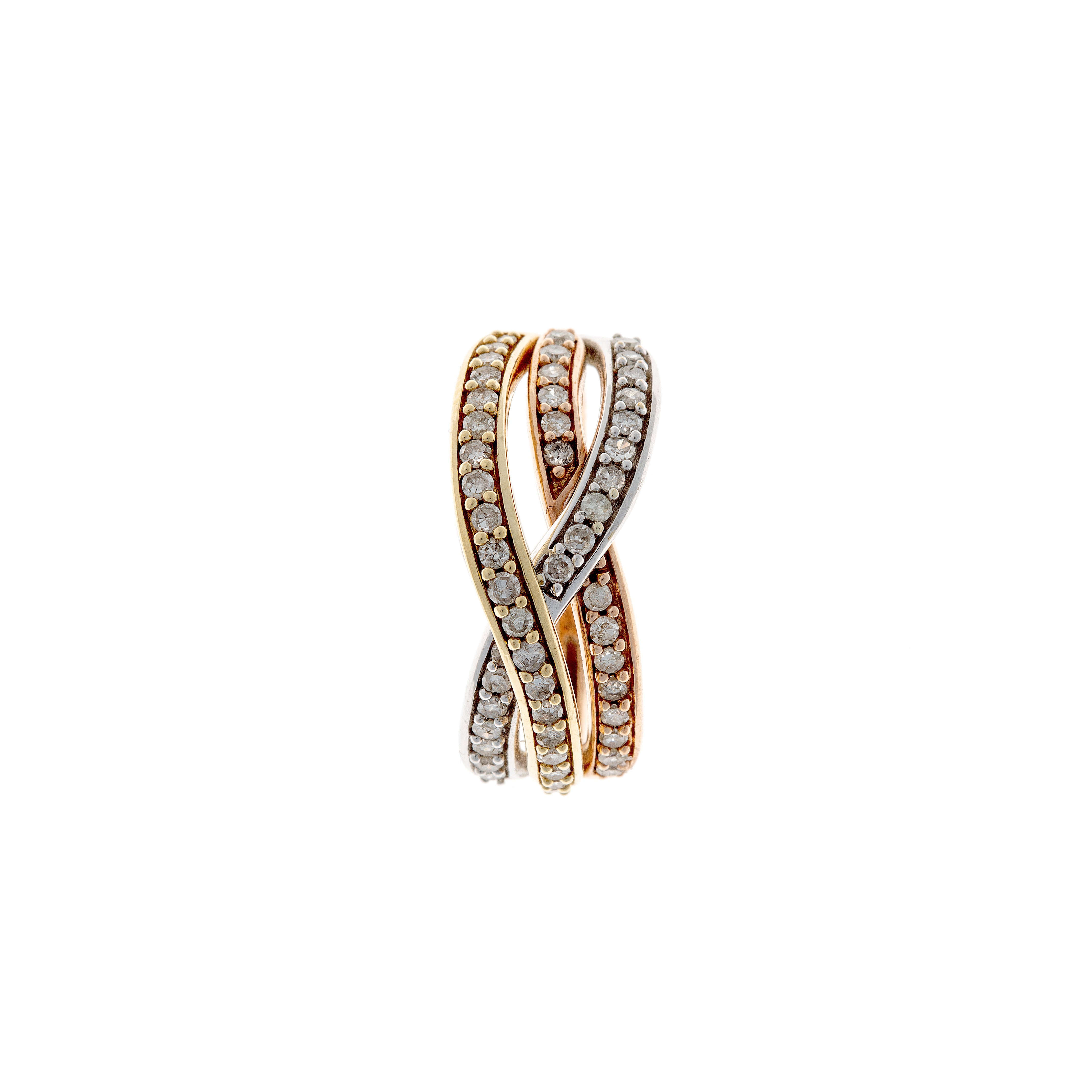 Top view of a Retro three-tone gold diamond ring, showcasing its sculptural intertwined bands and pavé diamond detailing.