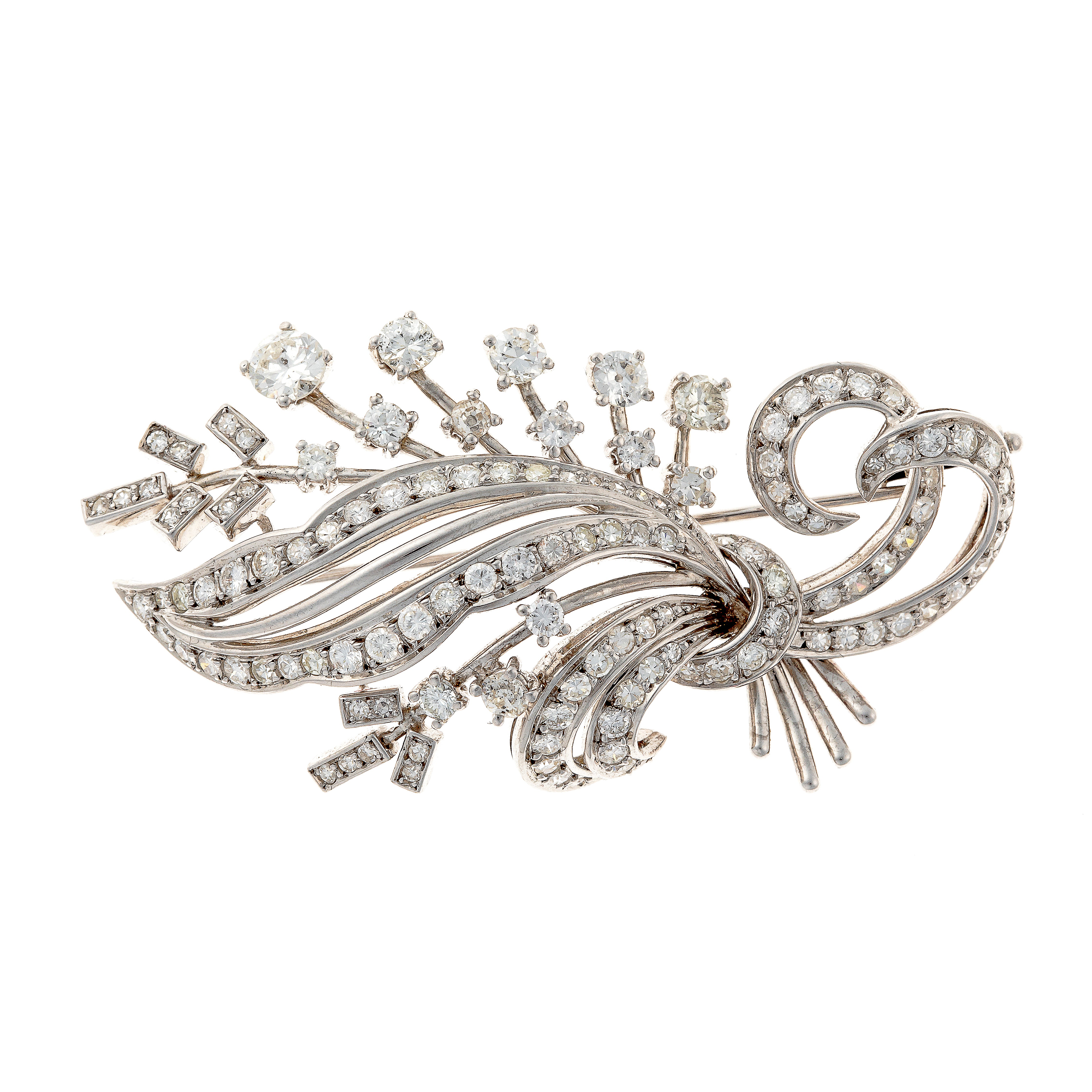 Retro period French diamond ribbon spray brooch in white gold and palladium.