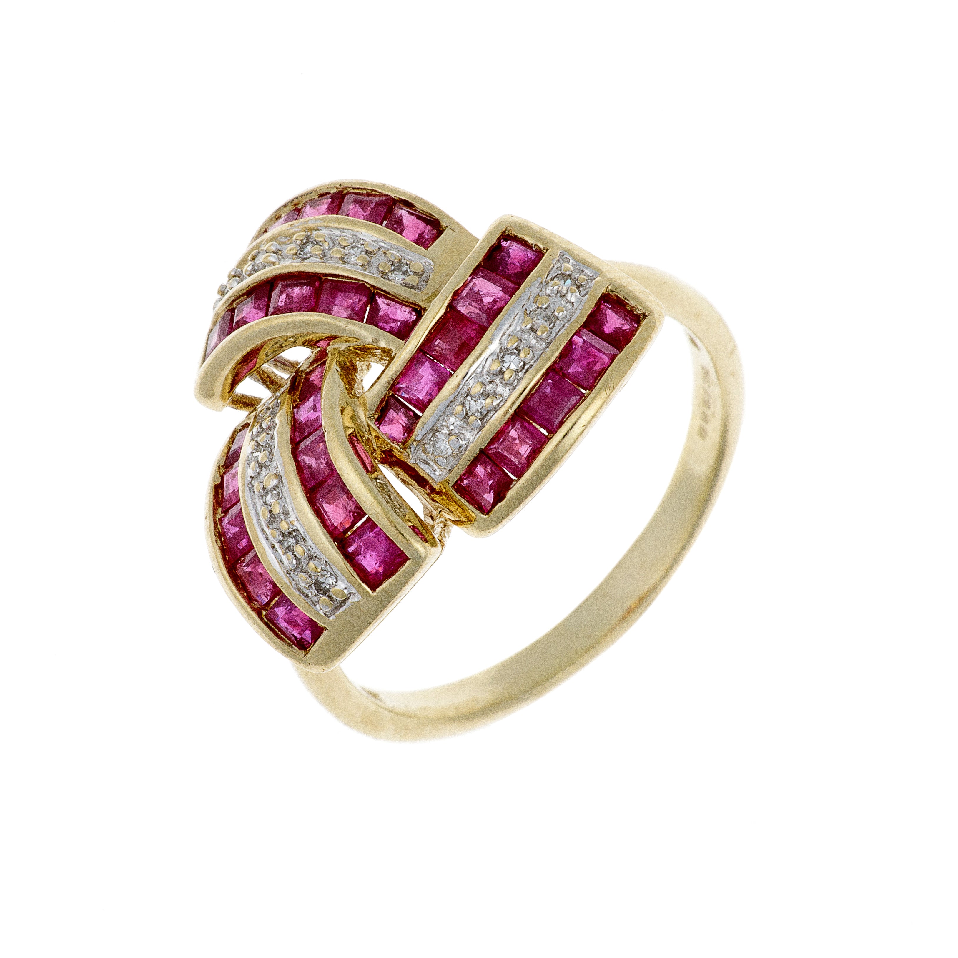 Angled side view of tank ring showing ruby rows and bold scroll motif.