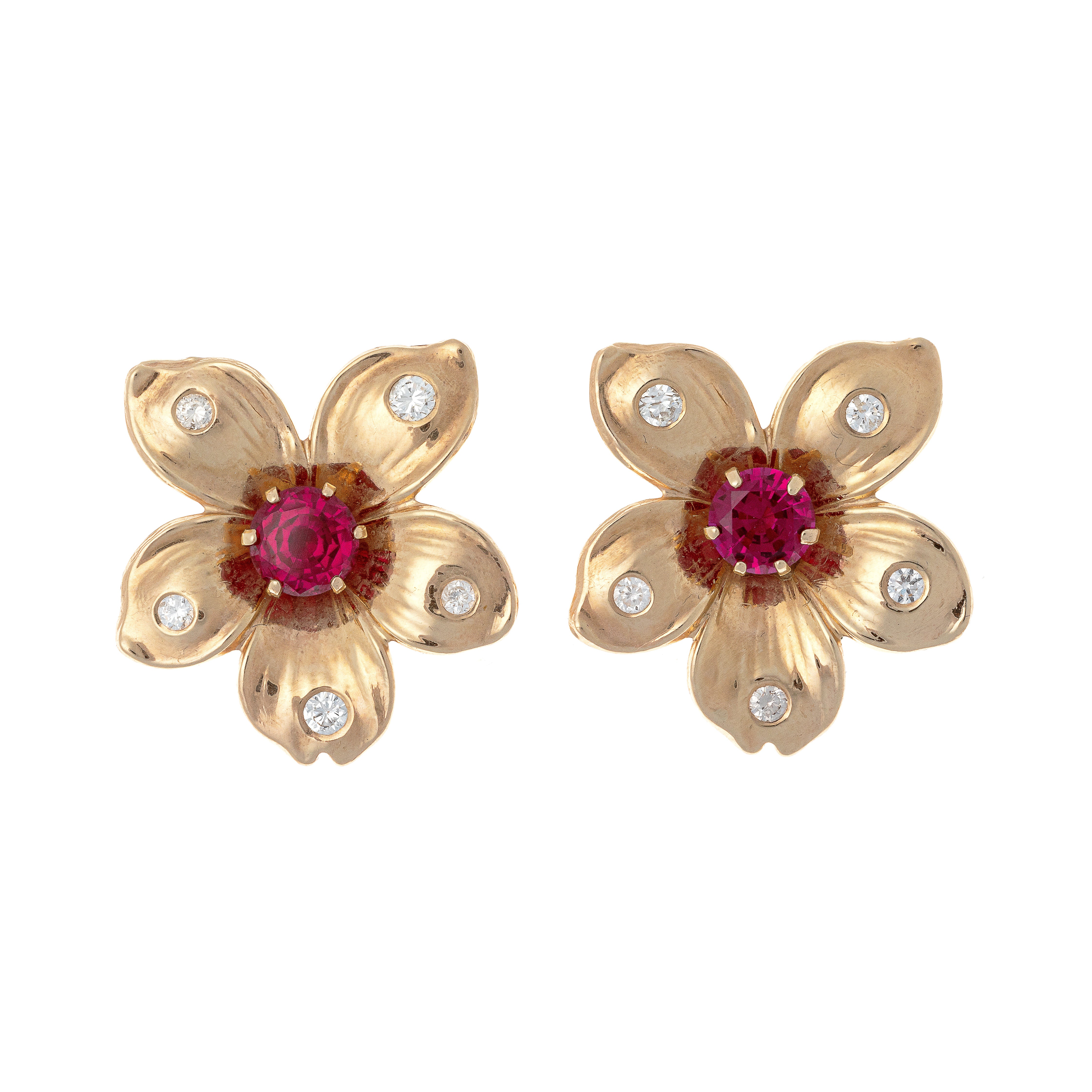 Pair of Retro gold flower earrings with diamonds and lab-grown rubies.