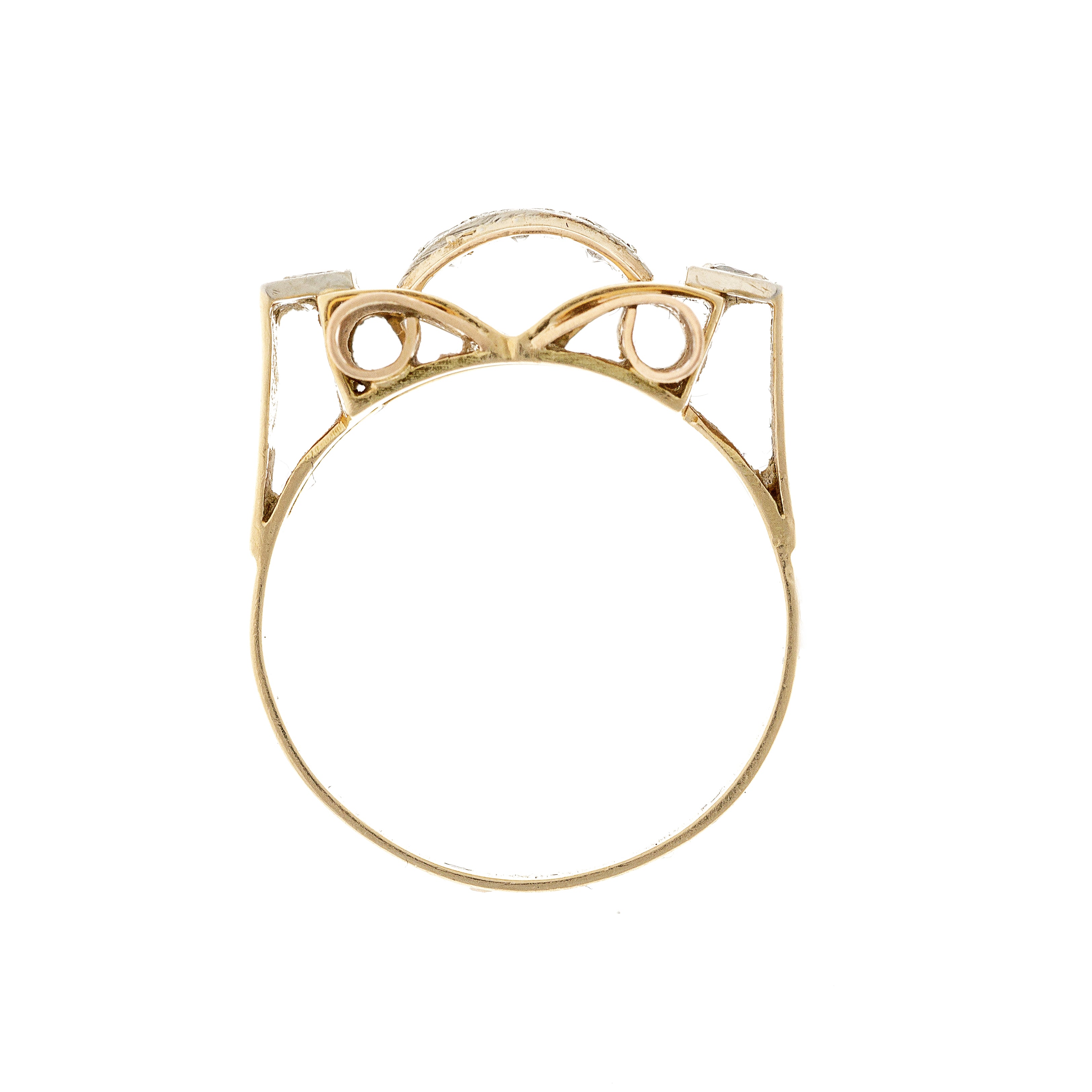 Front angle of the retro gold tank ring, showcasing the interplay of polished and textured gold with striking symmetry.