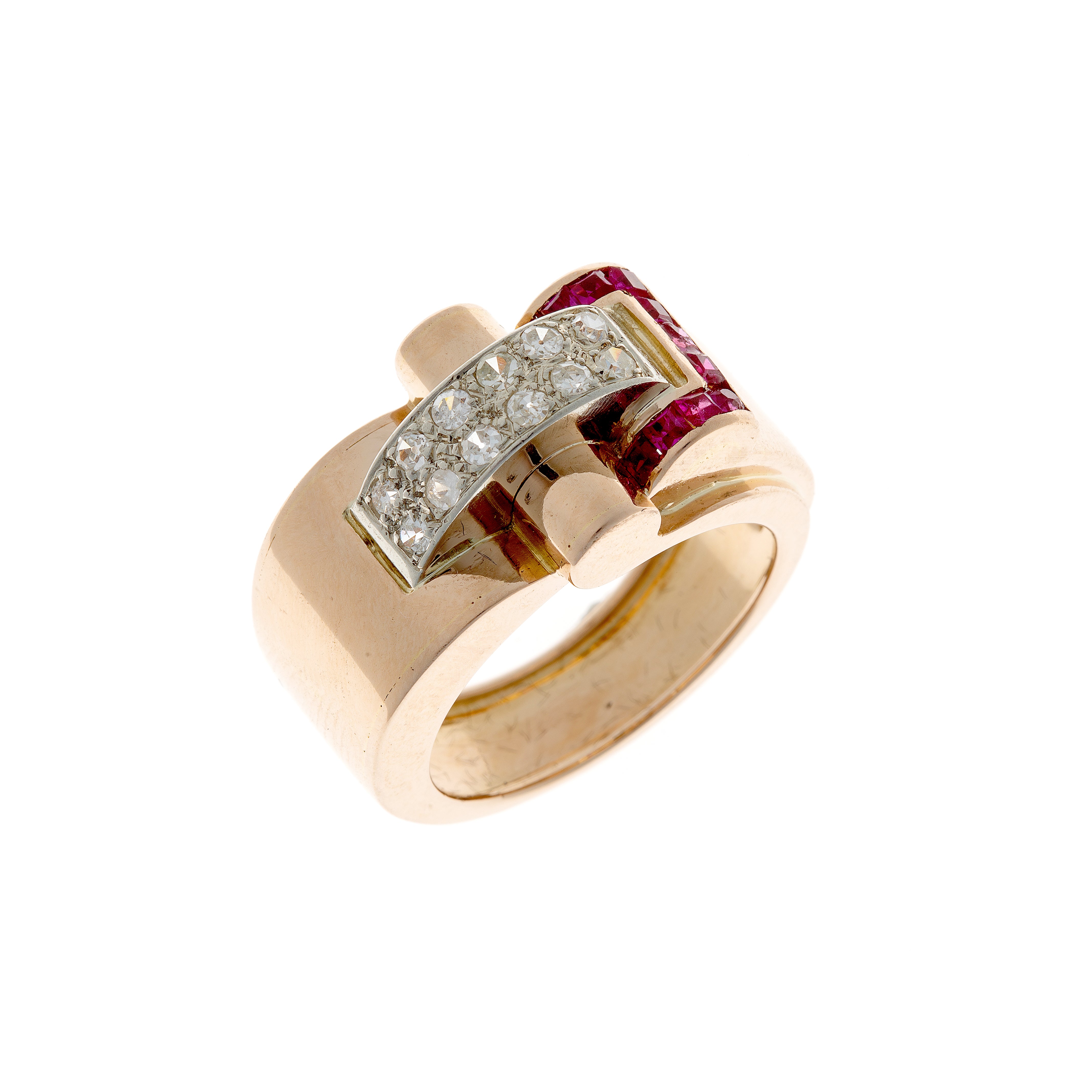 Angled image of vintage Tank ring in 14K gold showcasing ruby sides and stepped diamond centerpiece.