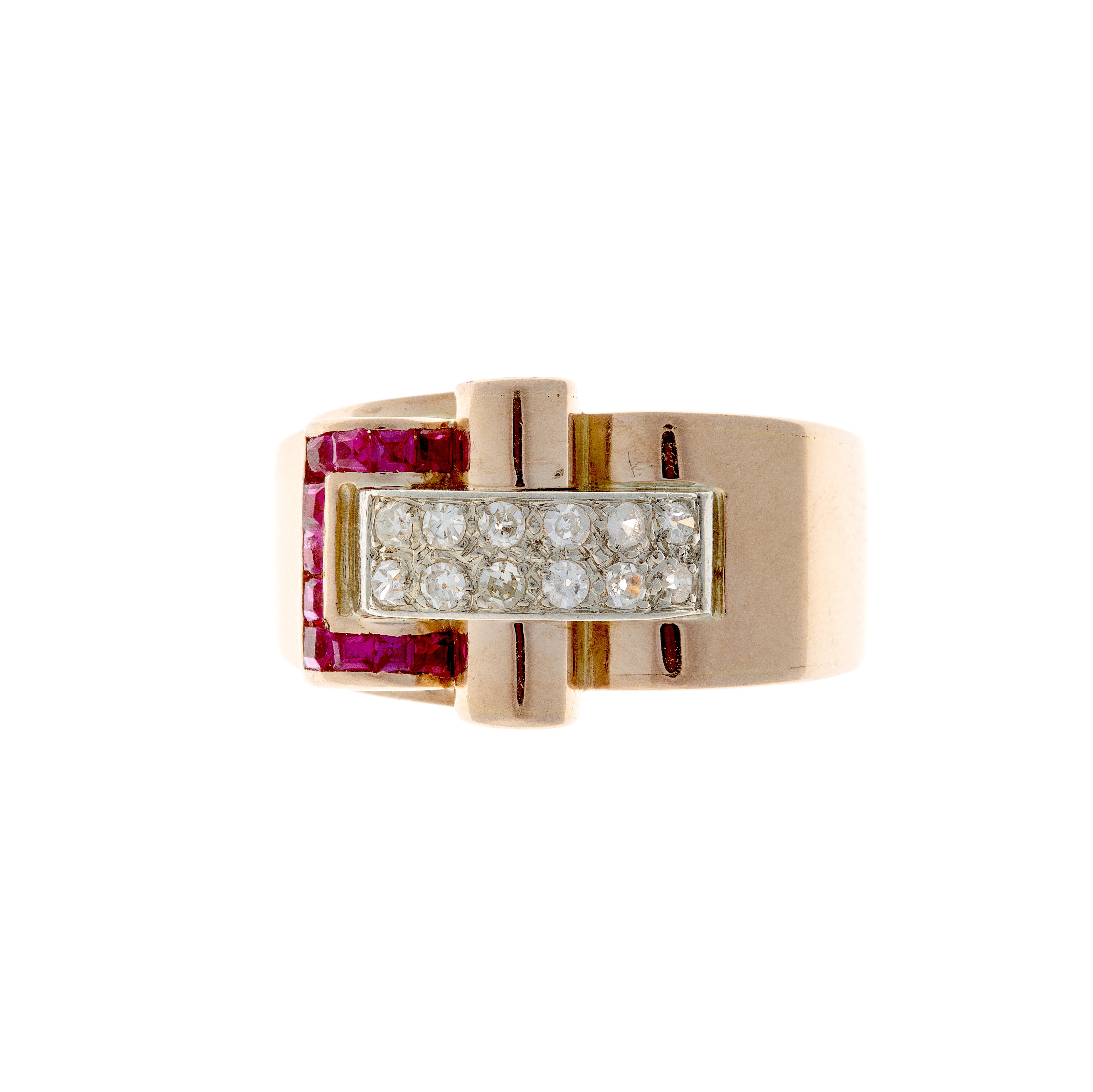 Vintage Retro Tank gold cocktail ring featuring channel-set rubies and round diamonds in bold architectural design.