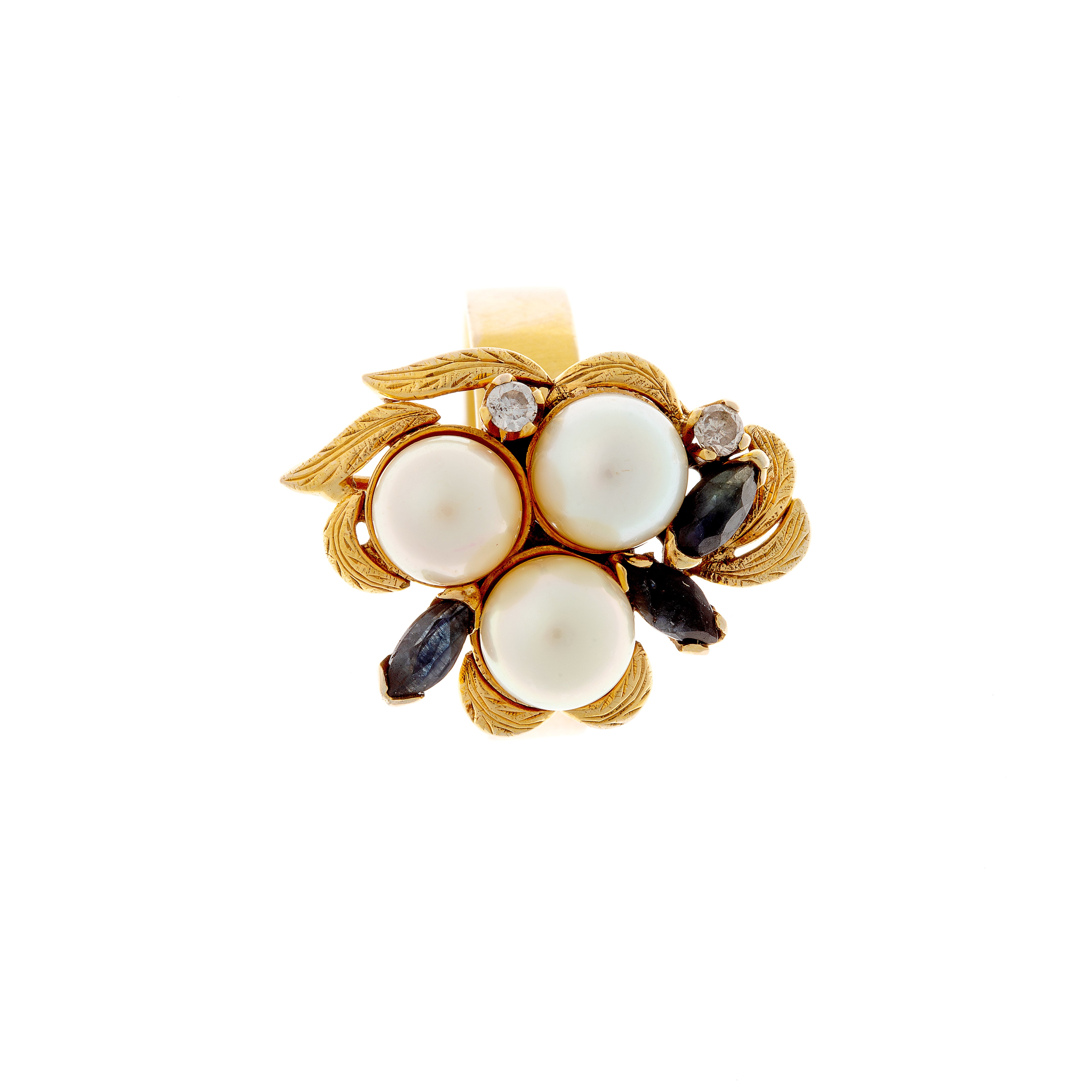 Retro 9K gold cocktail ring with cultured pearls, marquise-cut sapphires, and diamonds in floral design.