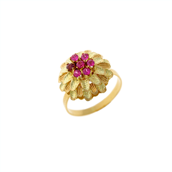 Ruby & Synthetic Corundum Gold Flower Ring with sculpted 18K gold petals.