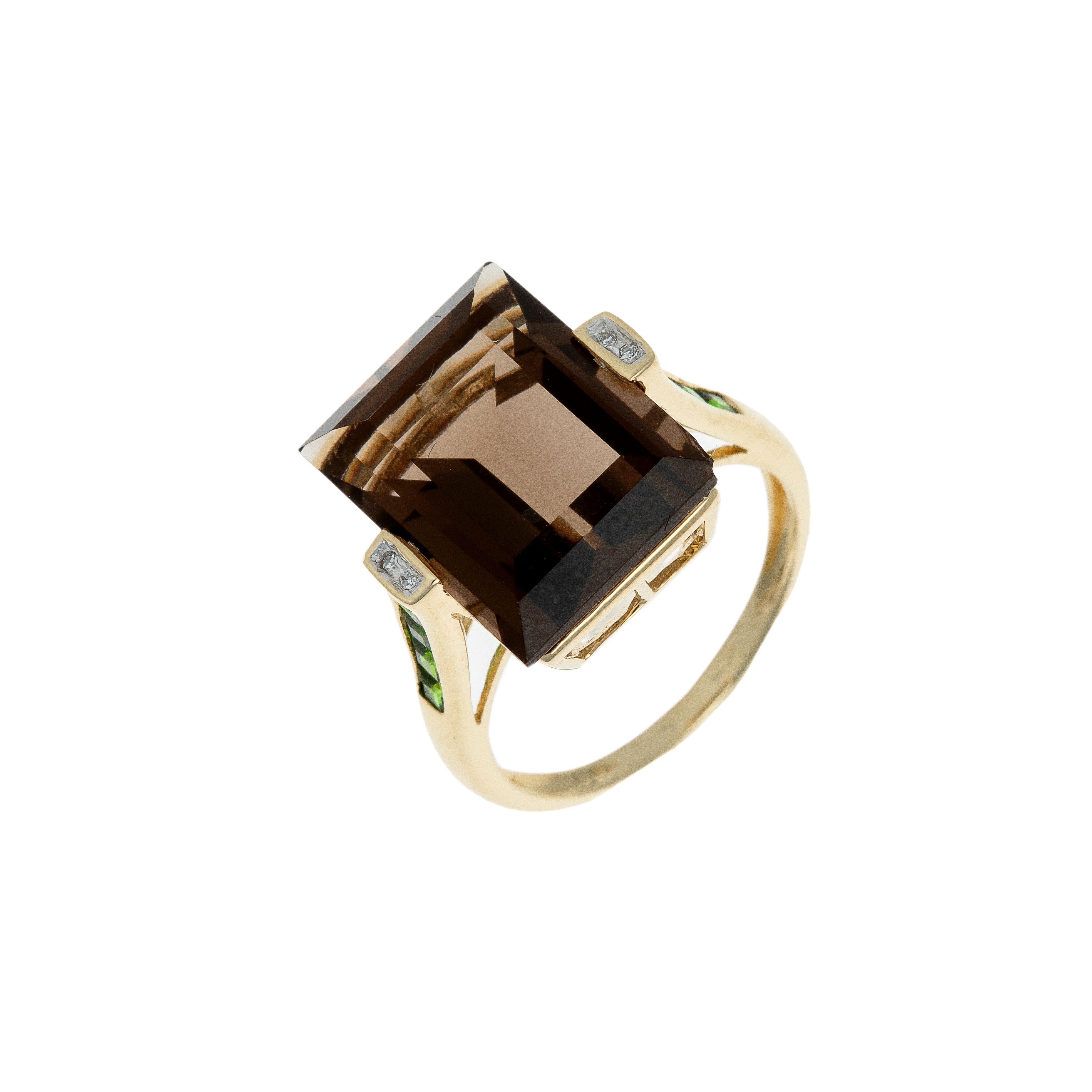Emerald-cut smoky quartz vintage cocktail ring in 14k gold with diamonds and chrome diopsides – angled view.