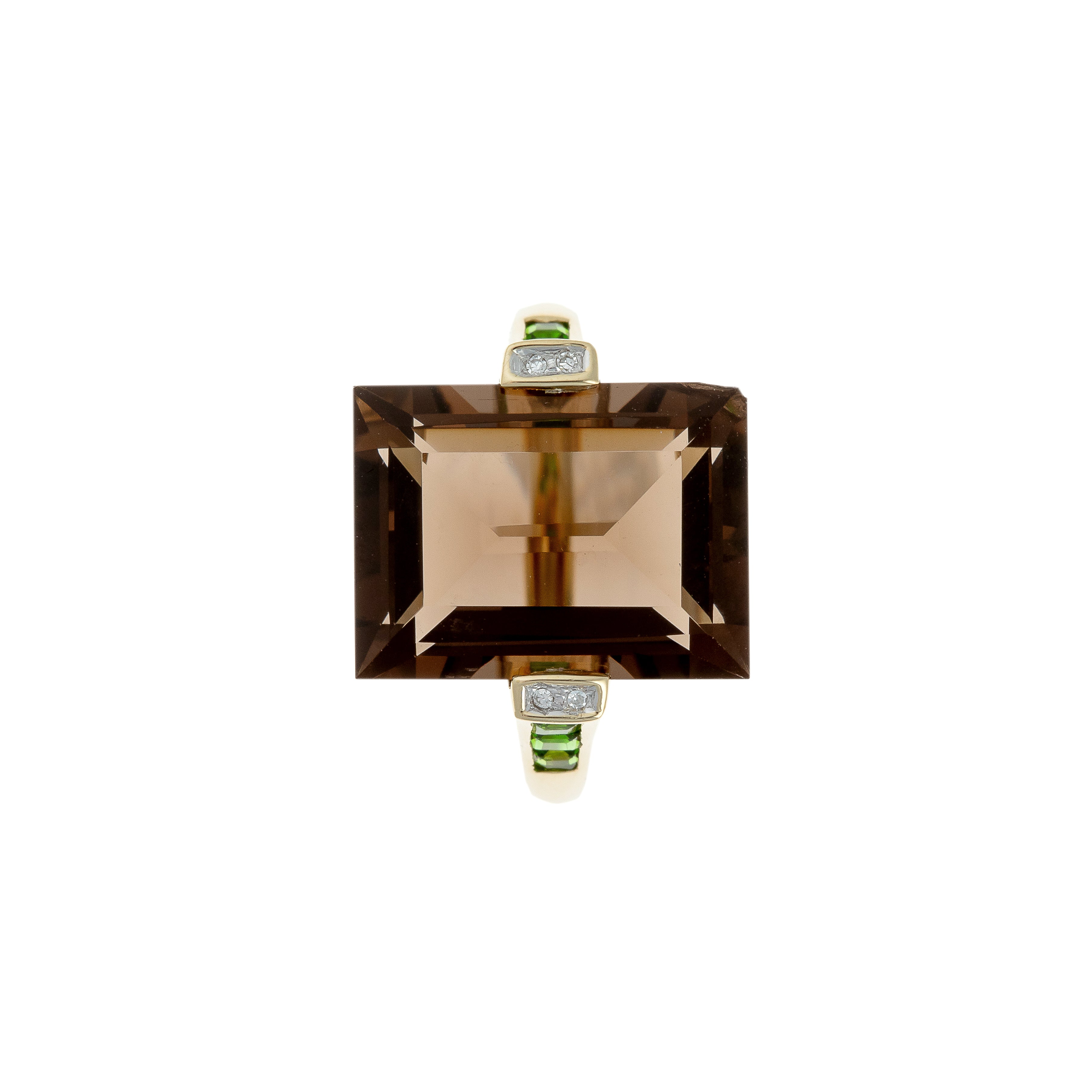 Top view of 14k gold vintage cocktail ring showcasing large smoky quartz center with diamond and chrome diopside accents.