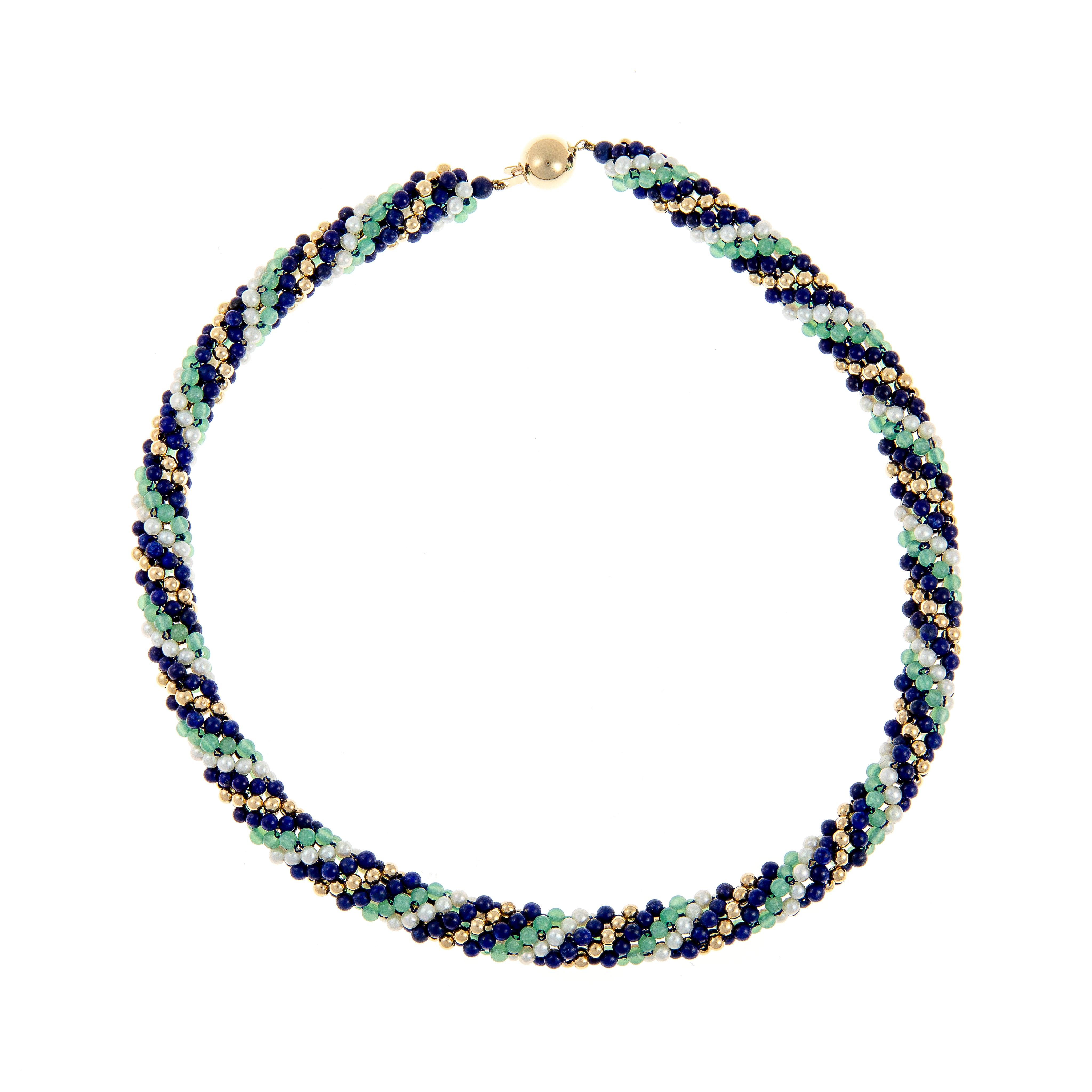 Torsade necklace in 18K gold with tourmaline, lapis lazuli, and cultured pearls, showcasing a twisted multi-strand design.