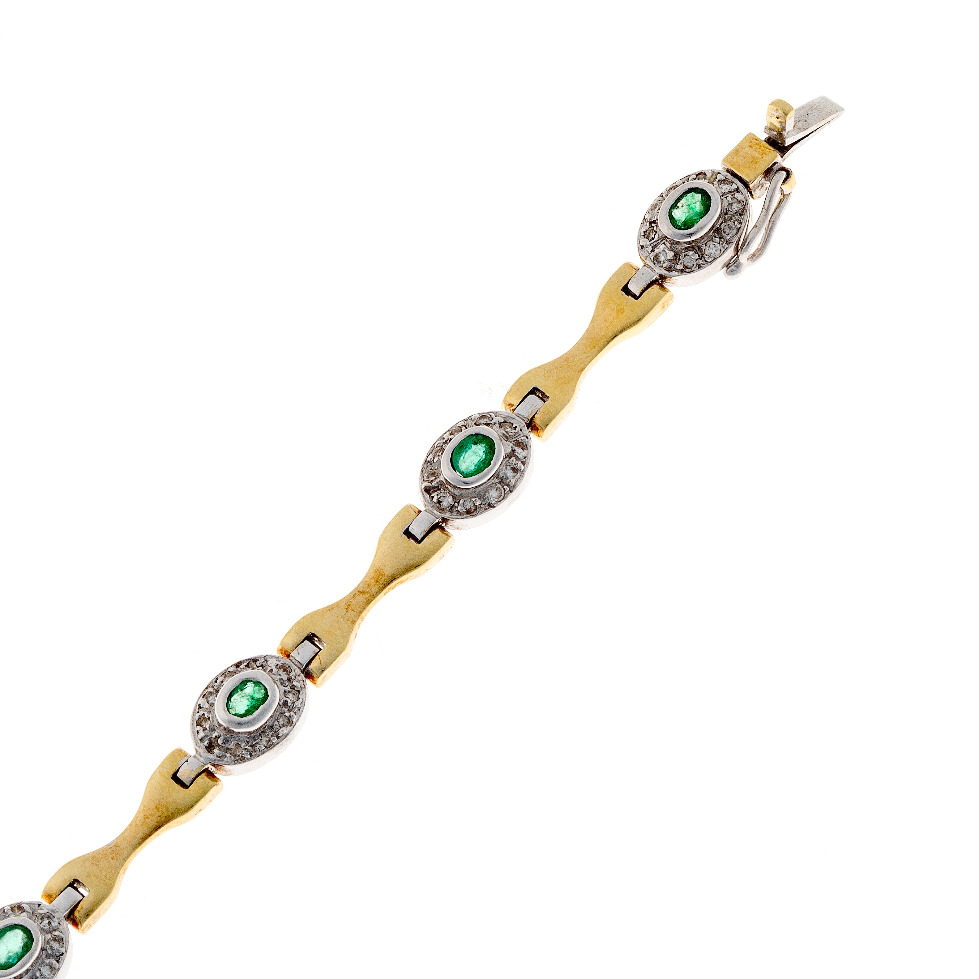 Two-tone 18k vintage bracelet with emerald center and diamond halo