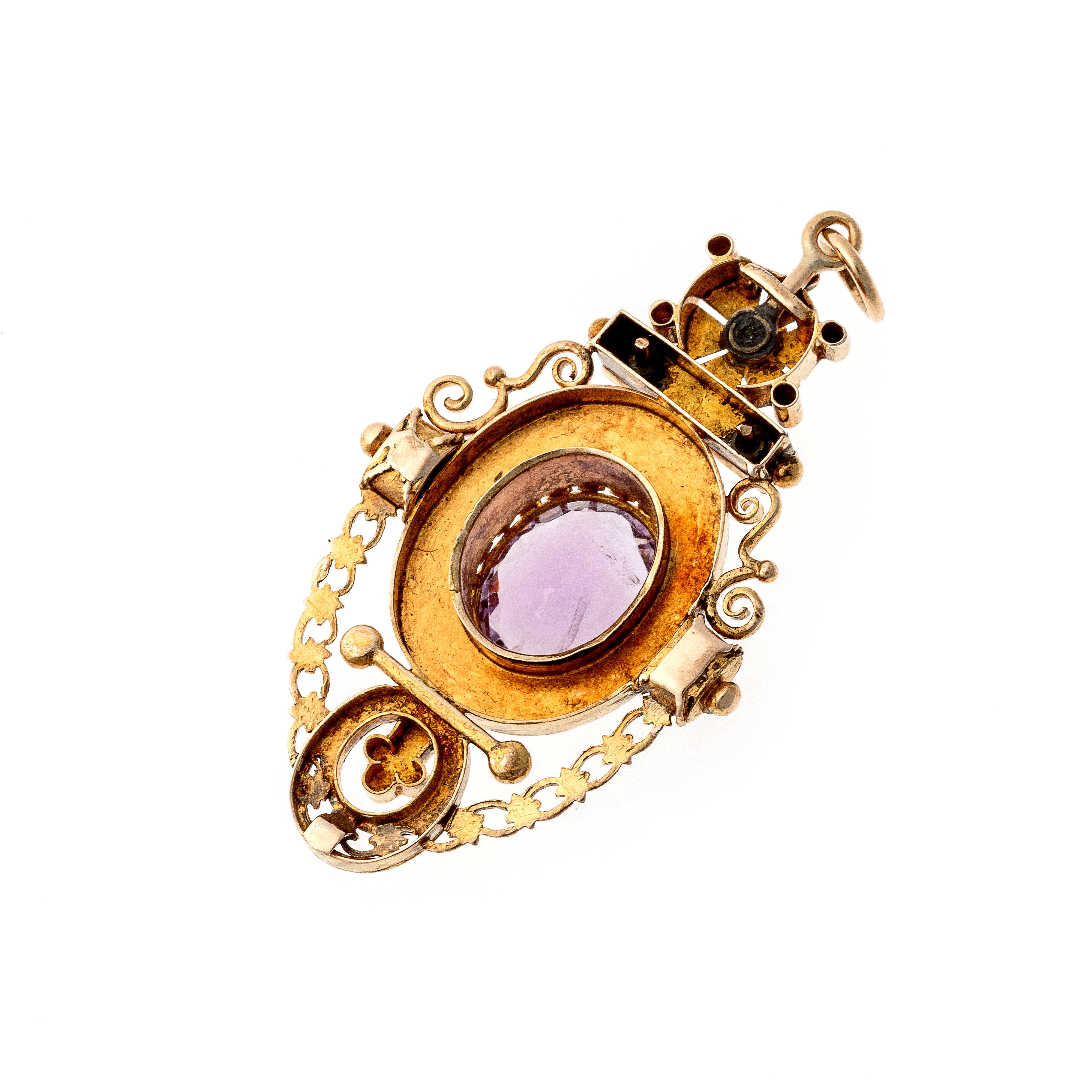 Angled view of the back of the Victorian Etruscan Revival pendant, showing its construction.