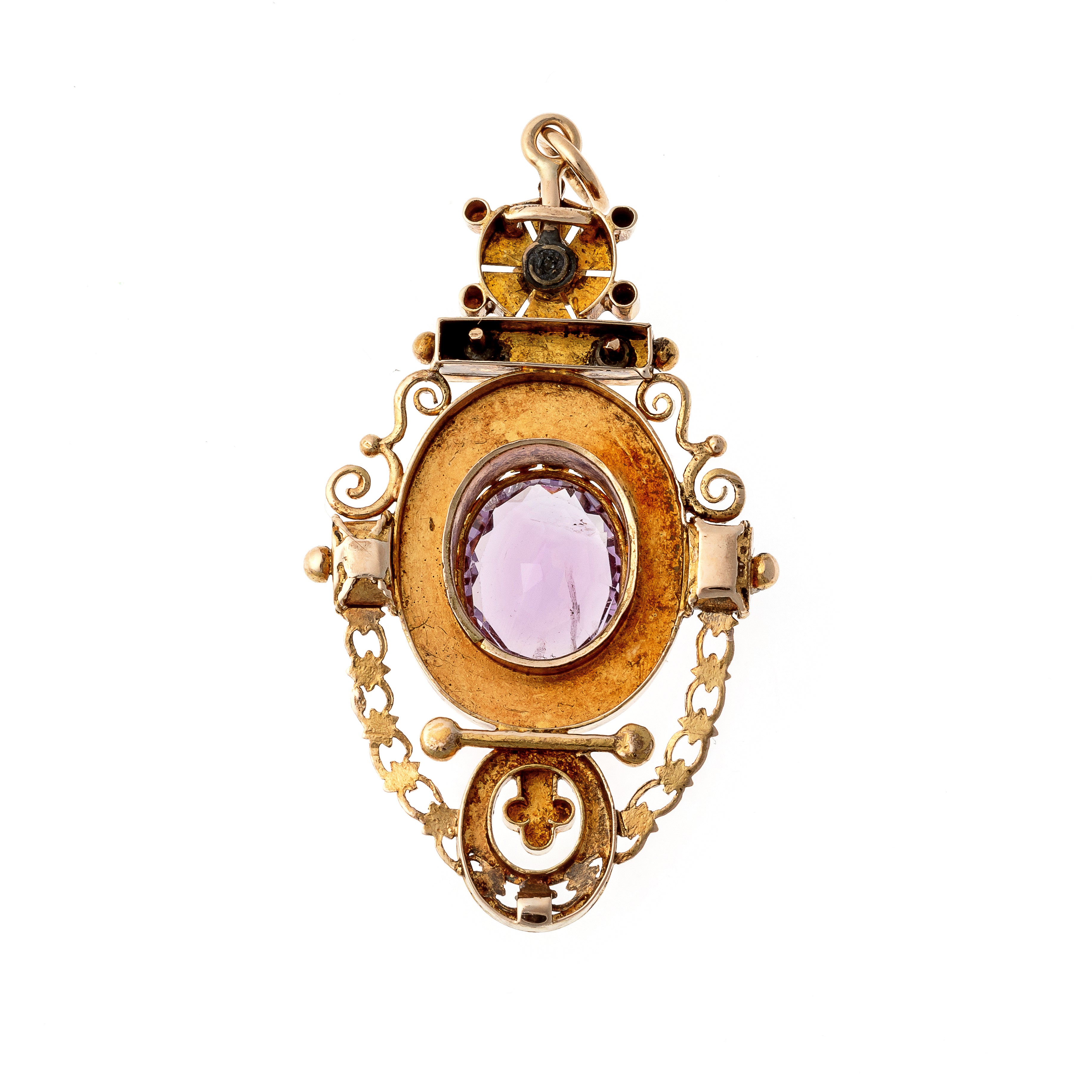 Back of the Victorian Etruscan Revival gold amethyst and pearl pendant.