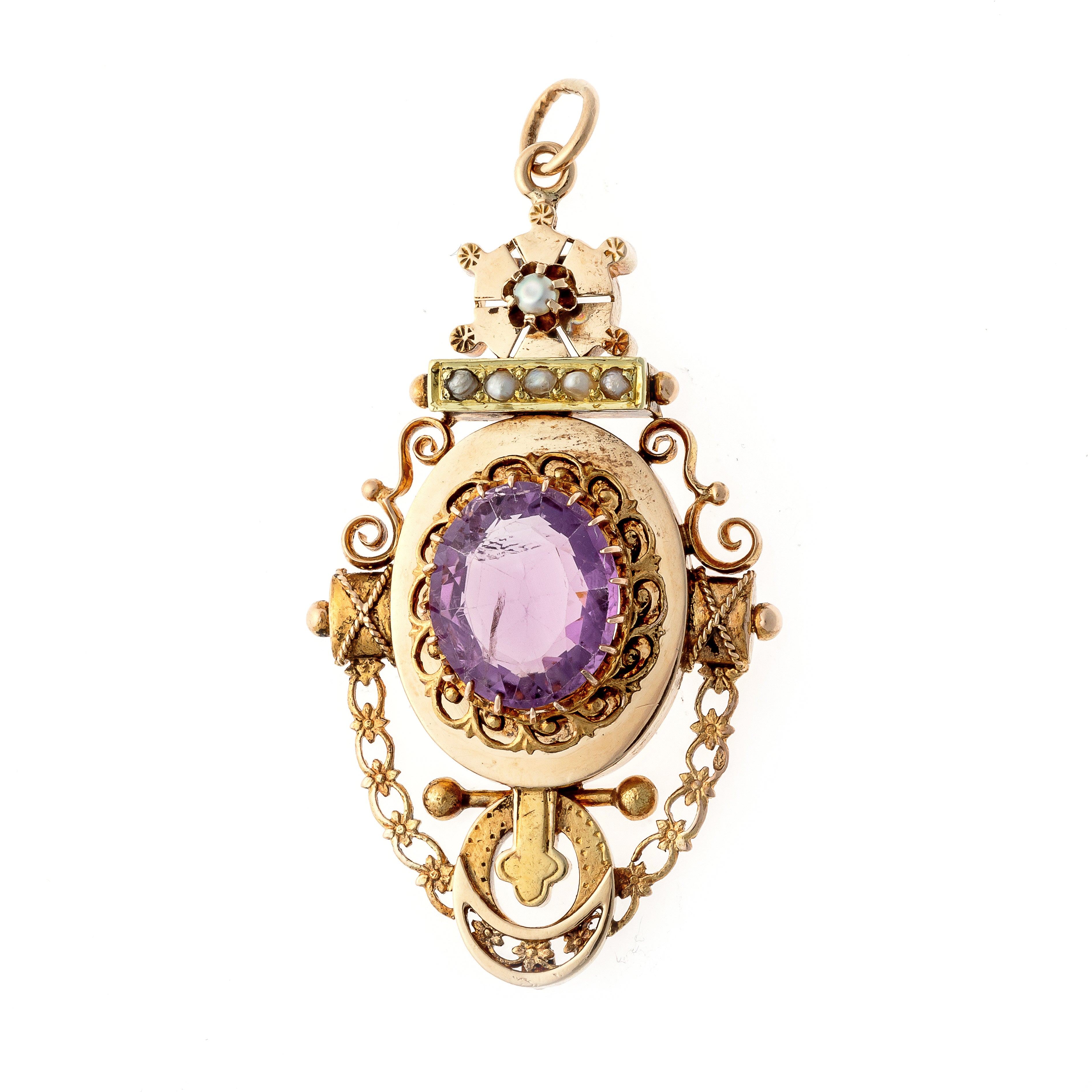 Antique Victorian Etruscan Revival gold pendant with a central amethyst and pearls.