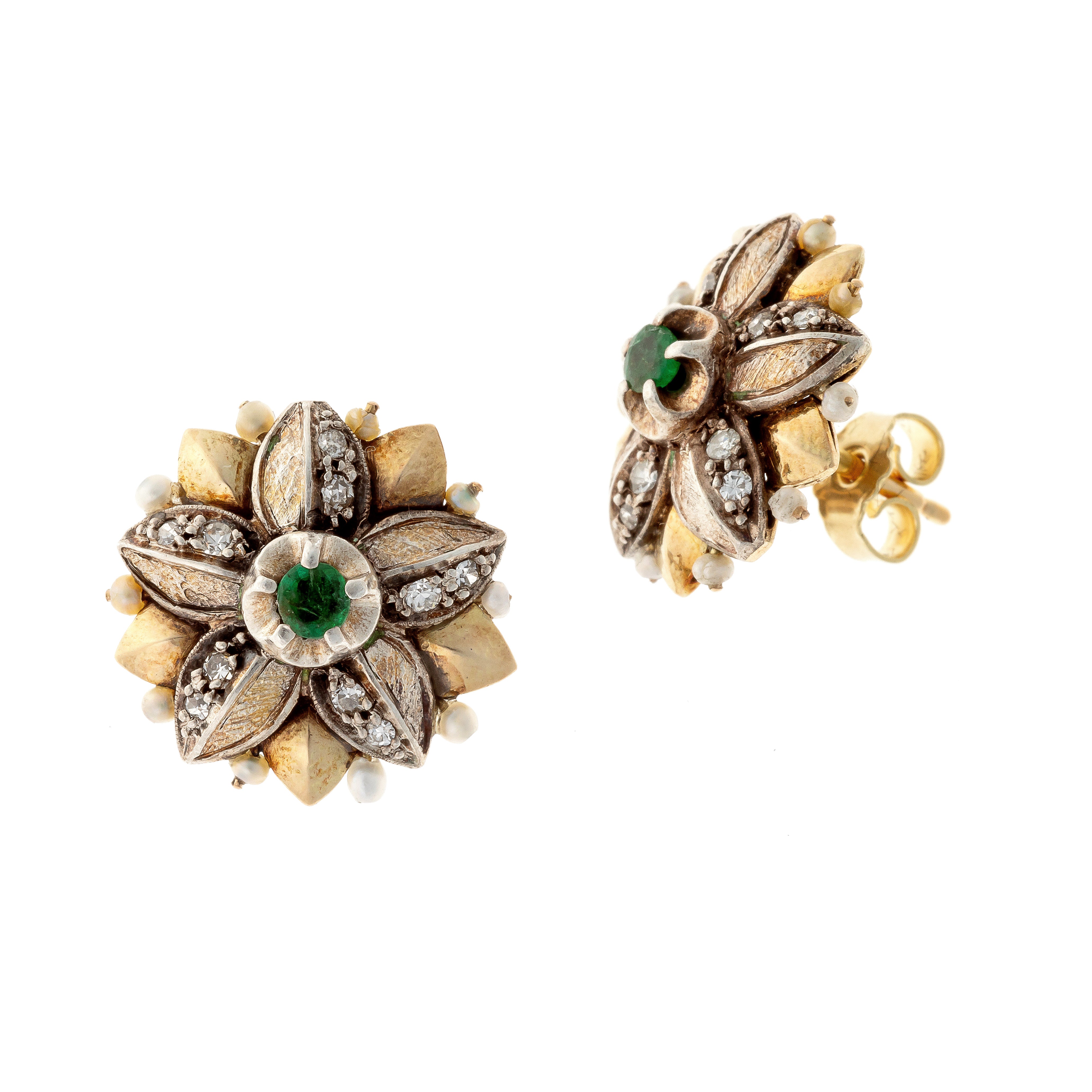 Back view of the Victorian revival vintage gold earrings with emeralds, diamonds, and pearls.