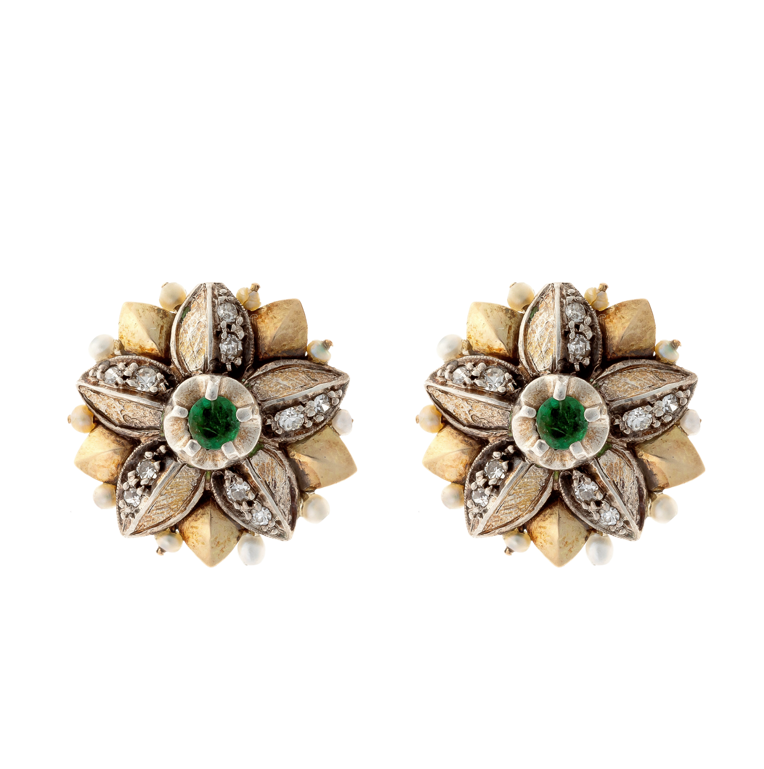Victorian revival vintage floral gold earrings with emerald, diamond, and pearl accents.