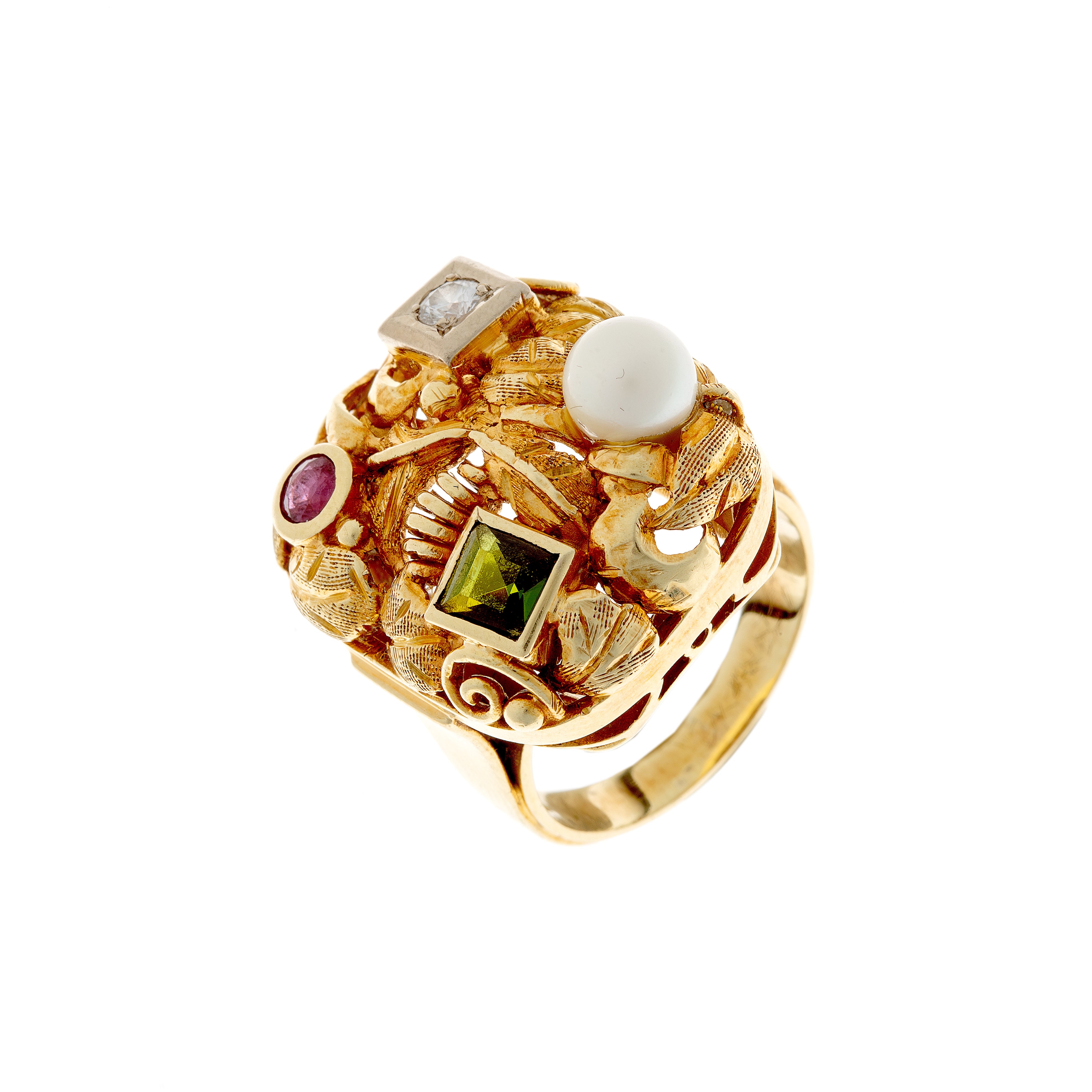 Vintage 14k gold multi-gem cocktail ring showcasing diamond, ruby, square-cut tourmaline, and cultured pearl